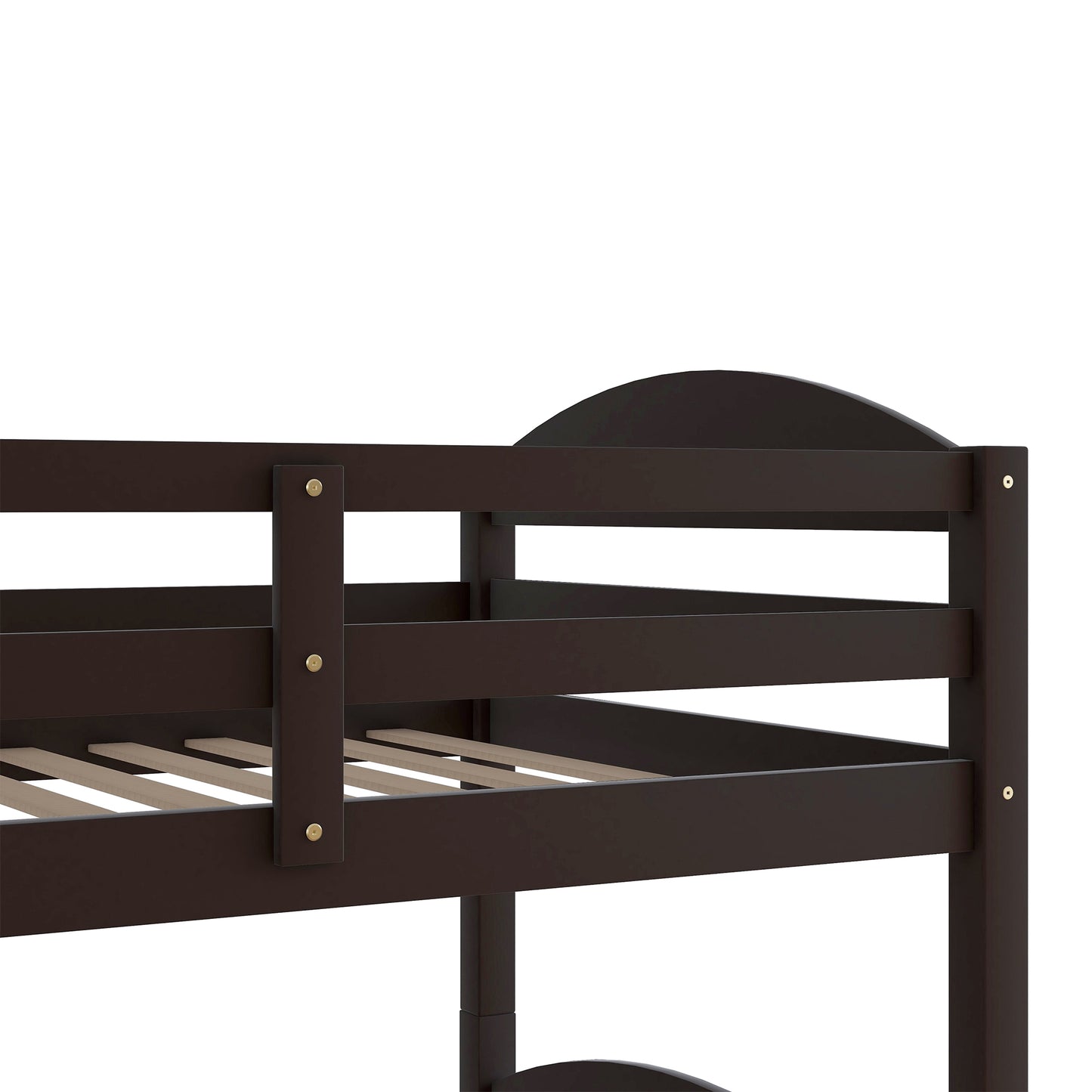 Dark brown wooden bunk bed frame with slatted mattress support