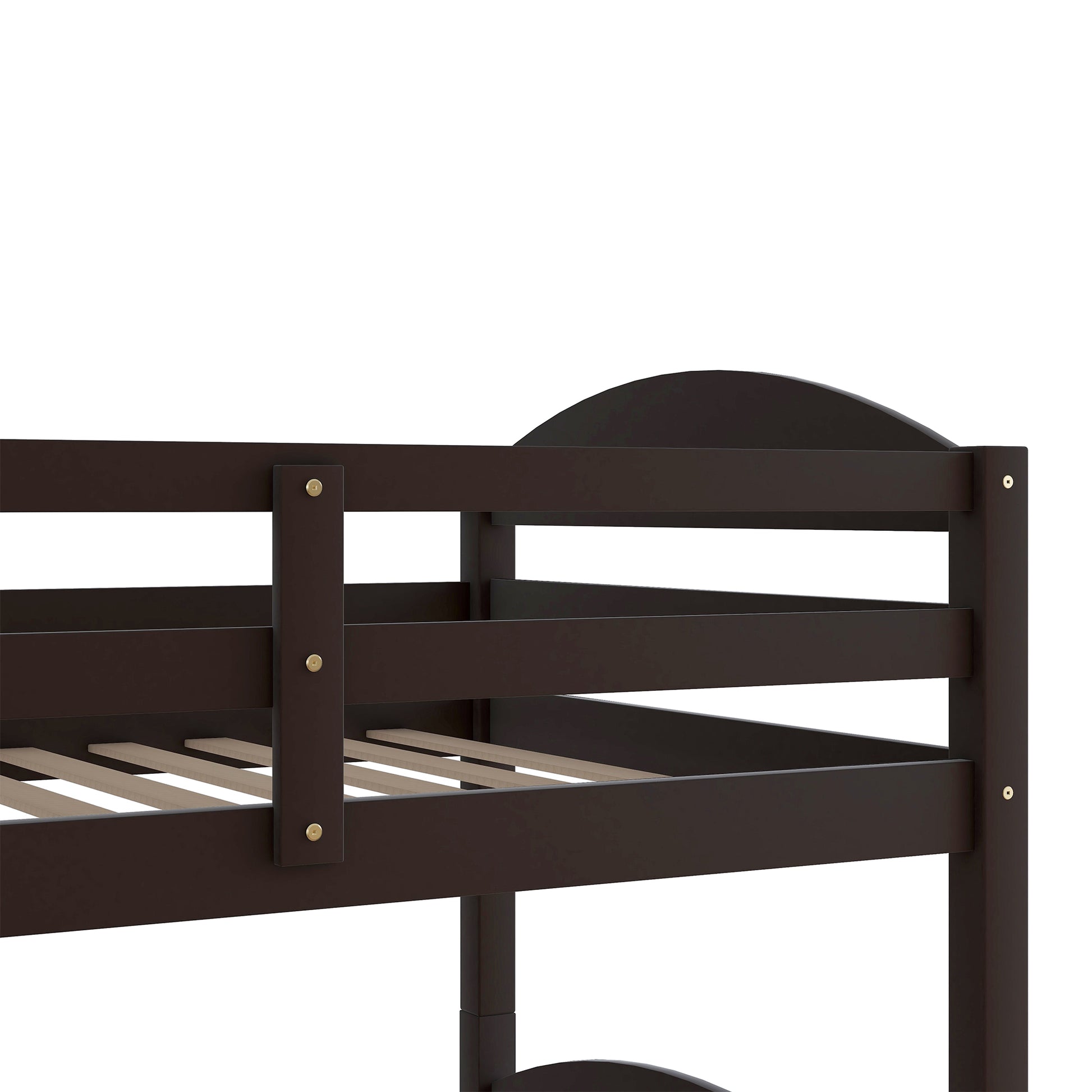 Dark brown wooden bunk bed frame with slatted mattress support