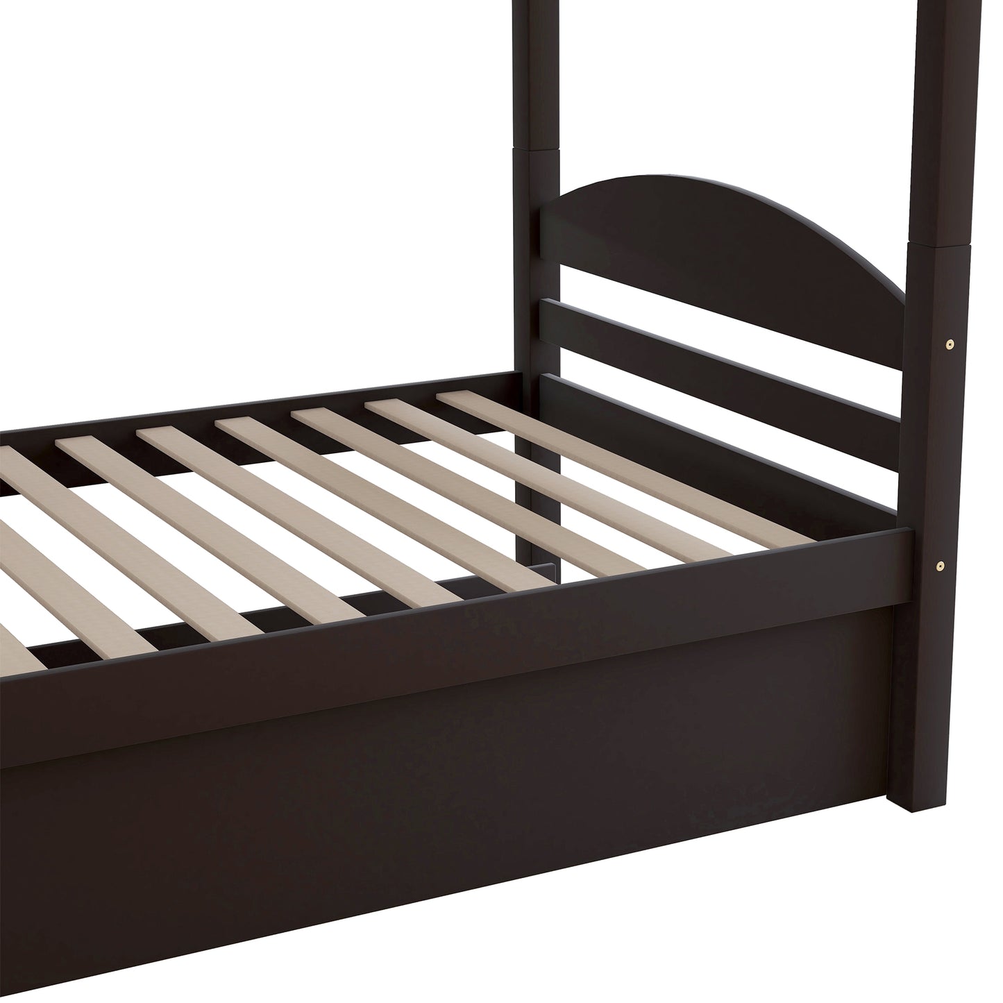 Dark brown wood fourposter bed frame with slatted mattress support