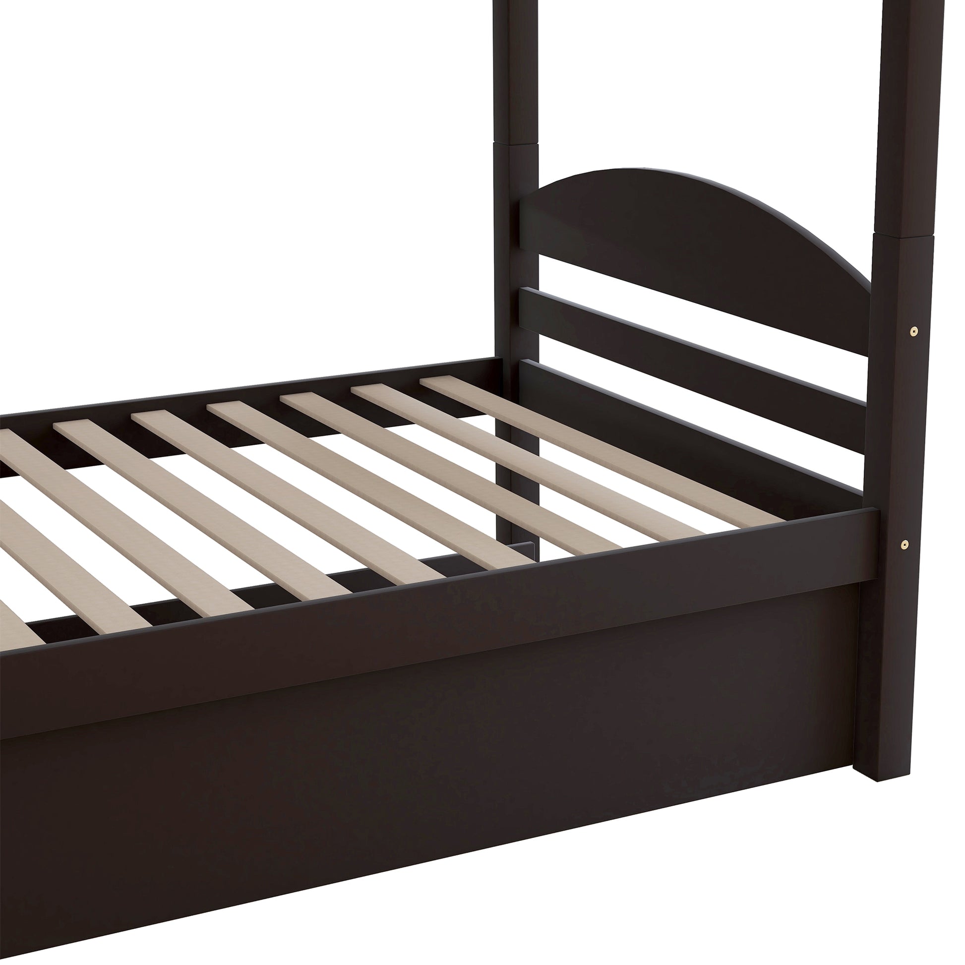 Dark brown wood fourposter bed frame with slatted mattress support