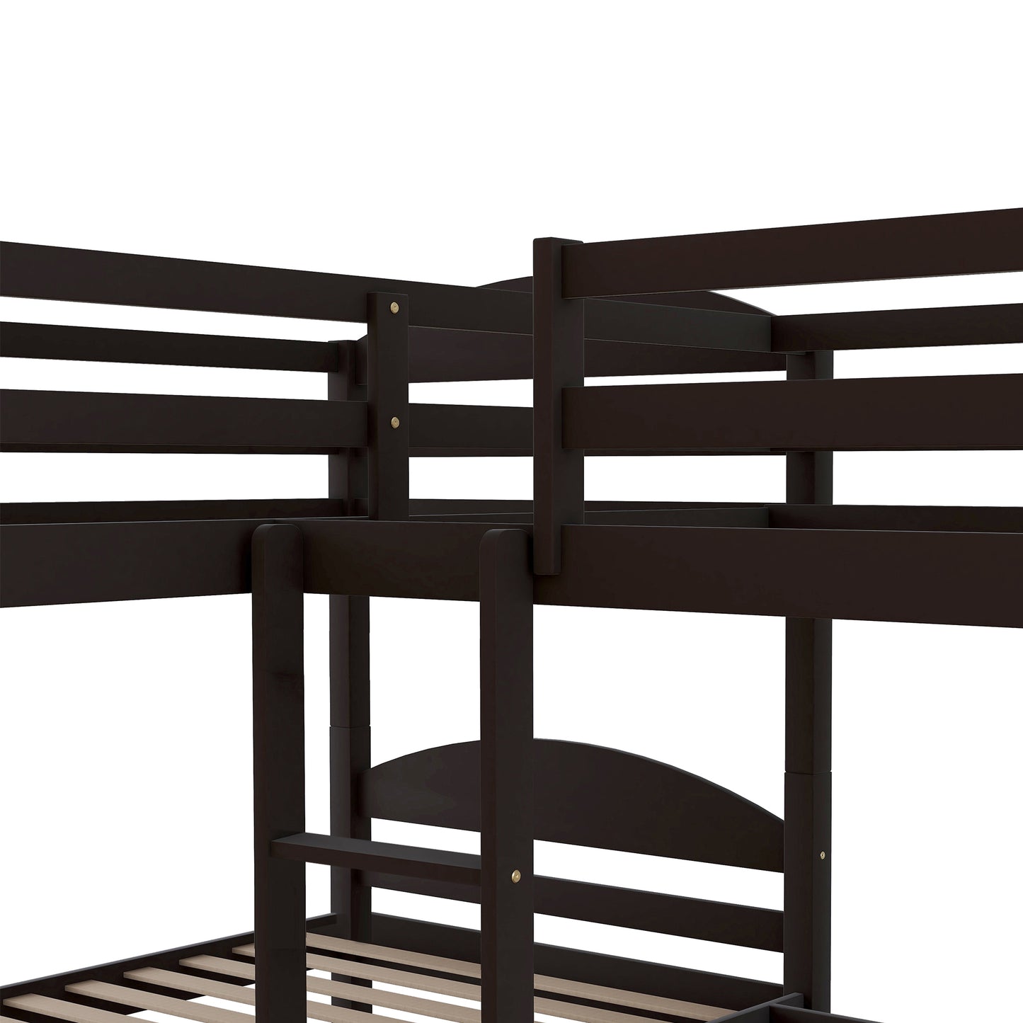 Dark brown wooden bunk bed frame with slatted base