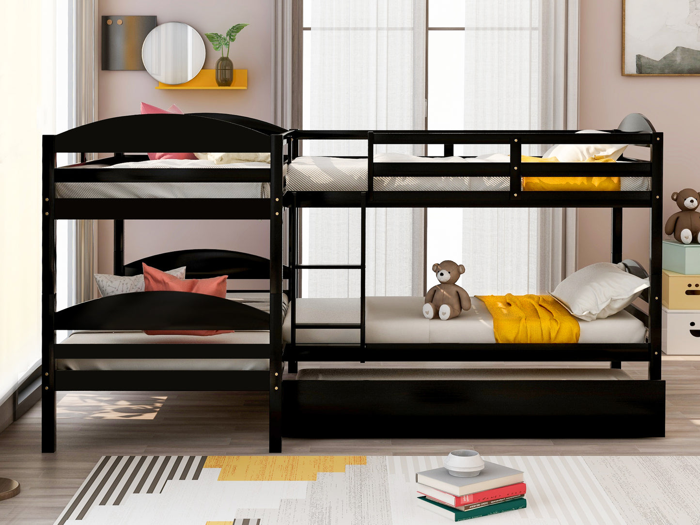 Black wooden Lshaped bunk bed with two mattresses and yellow accent blanket