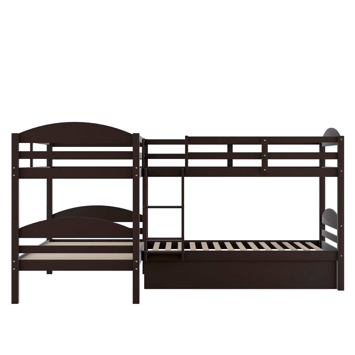 Dark brown wooden Lshaped bunk bed with ladder and storage drawer