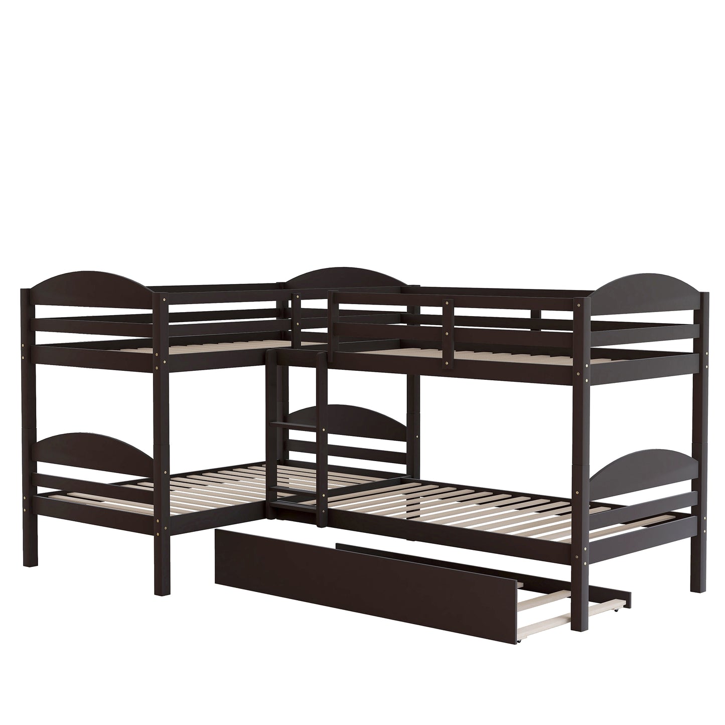 Dark brown wooden Lshaped bunk bed with pullout trundle perfect for kids