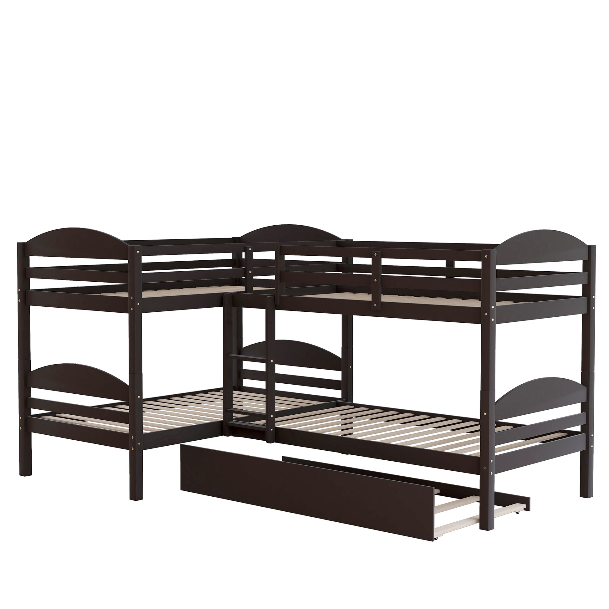 Dark brown wooden Lshaped bunk bed with pullout trundle perfect for kids