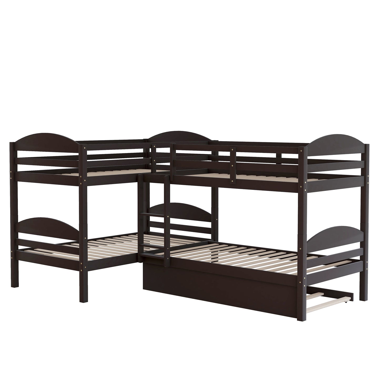 Dark brown wooden Lshaped bunk bed with pullout trundle