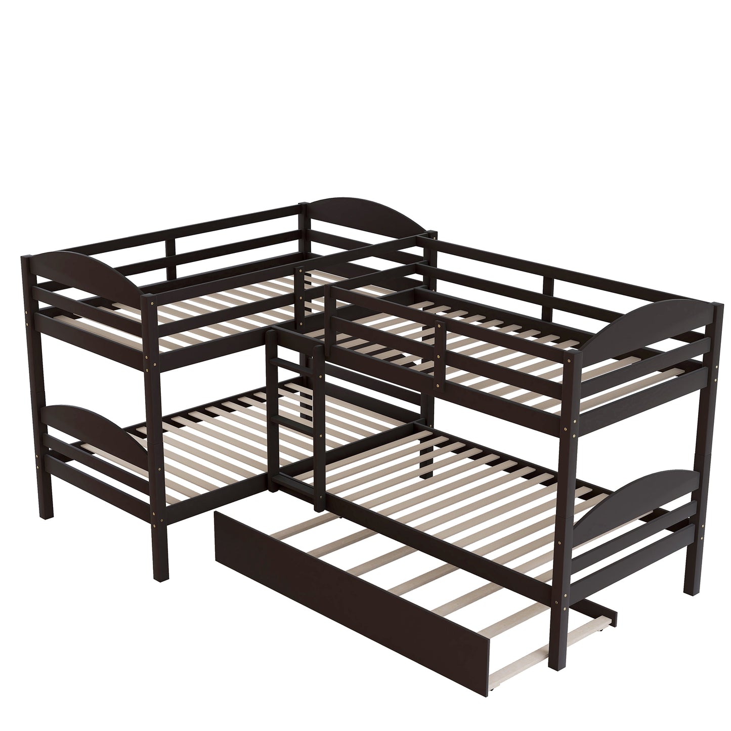 Dark brown wooden triple bunk bed with pullout trundle
