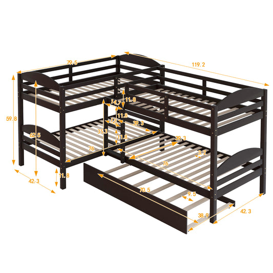 Dark brown Lshaped triple bunk bed with trundle for kids rooms