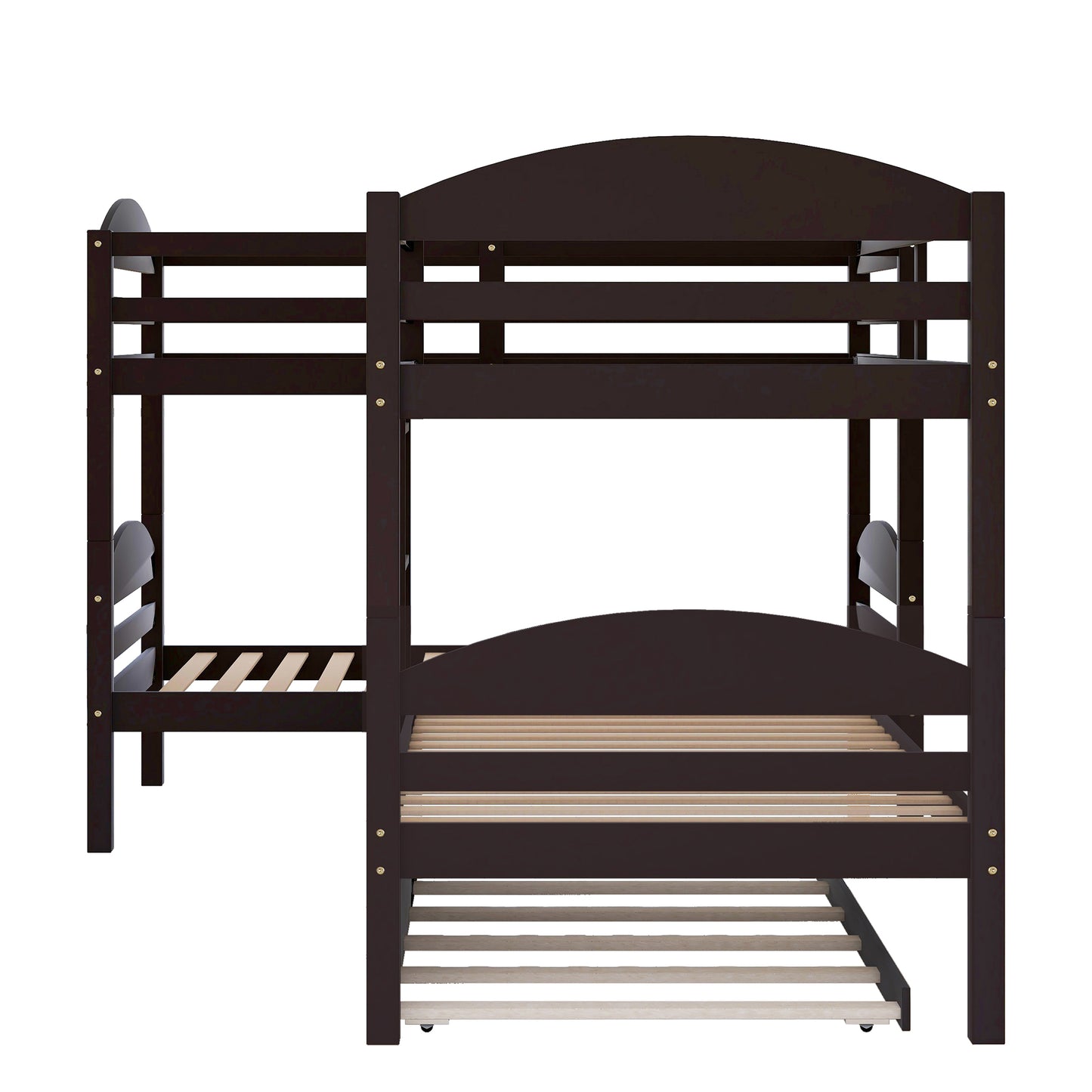 Dark brown wooden Lshaped bunk bed with pullout trundle bed