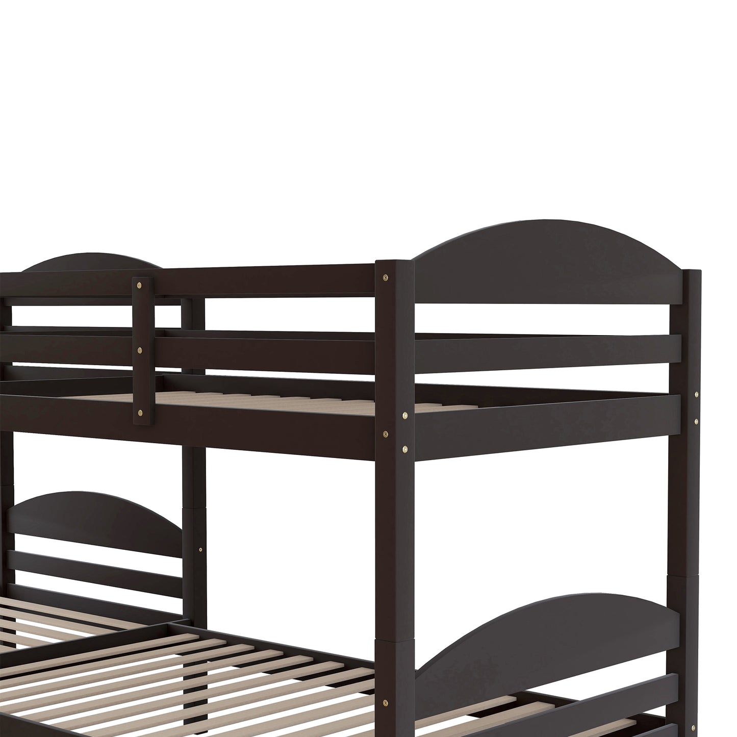 Dark brown wooden bunk bed with curved headboards and sturdy slatted mattress bases