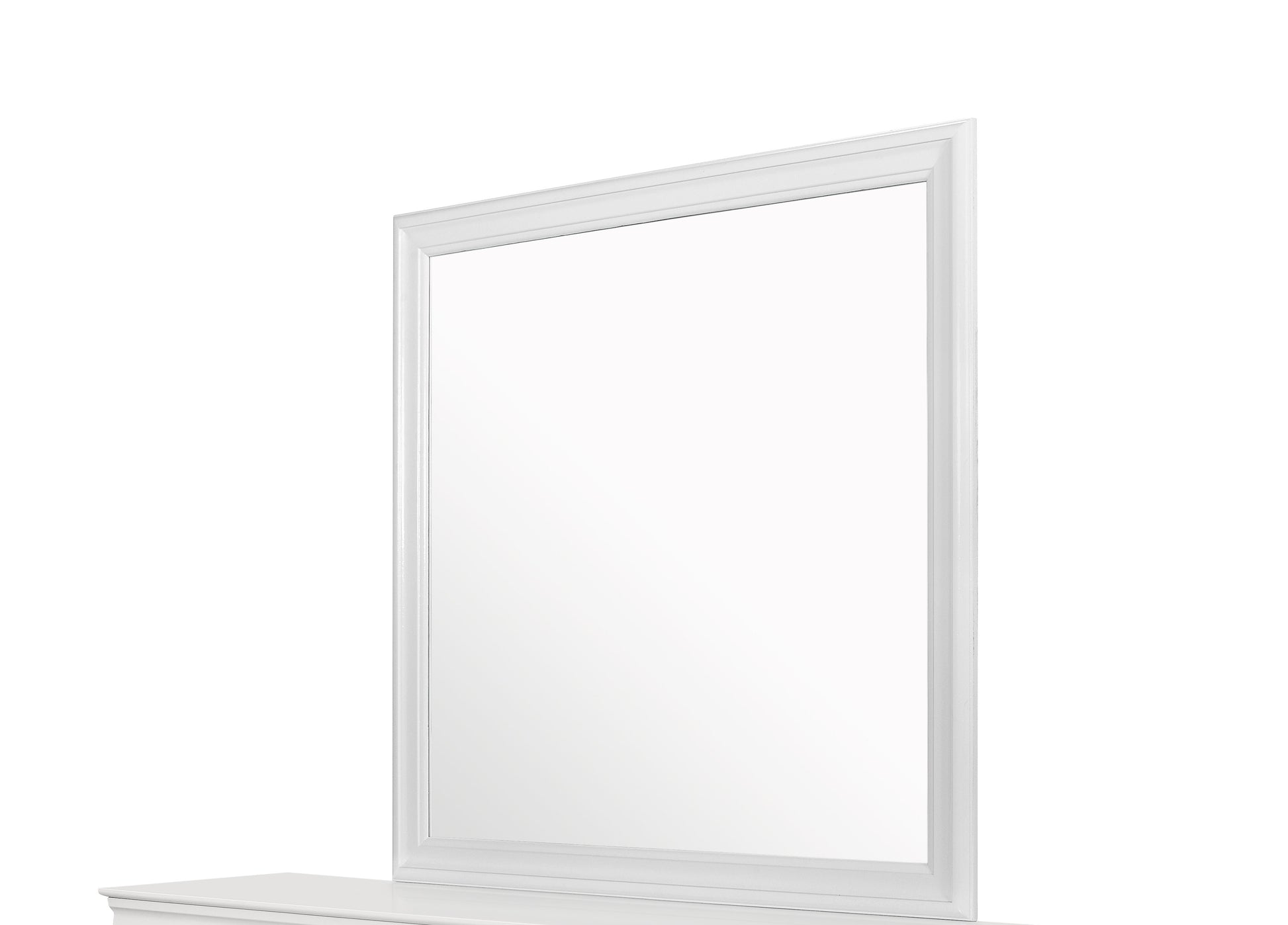 White framed vanity mirror with beveled edges