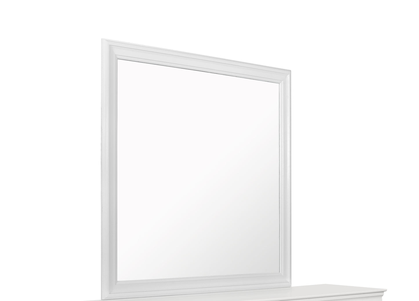 Elegant white wooden vanity mirror with beveled frame
