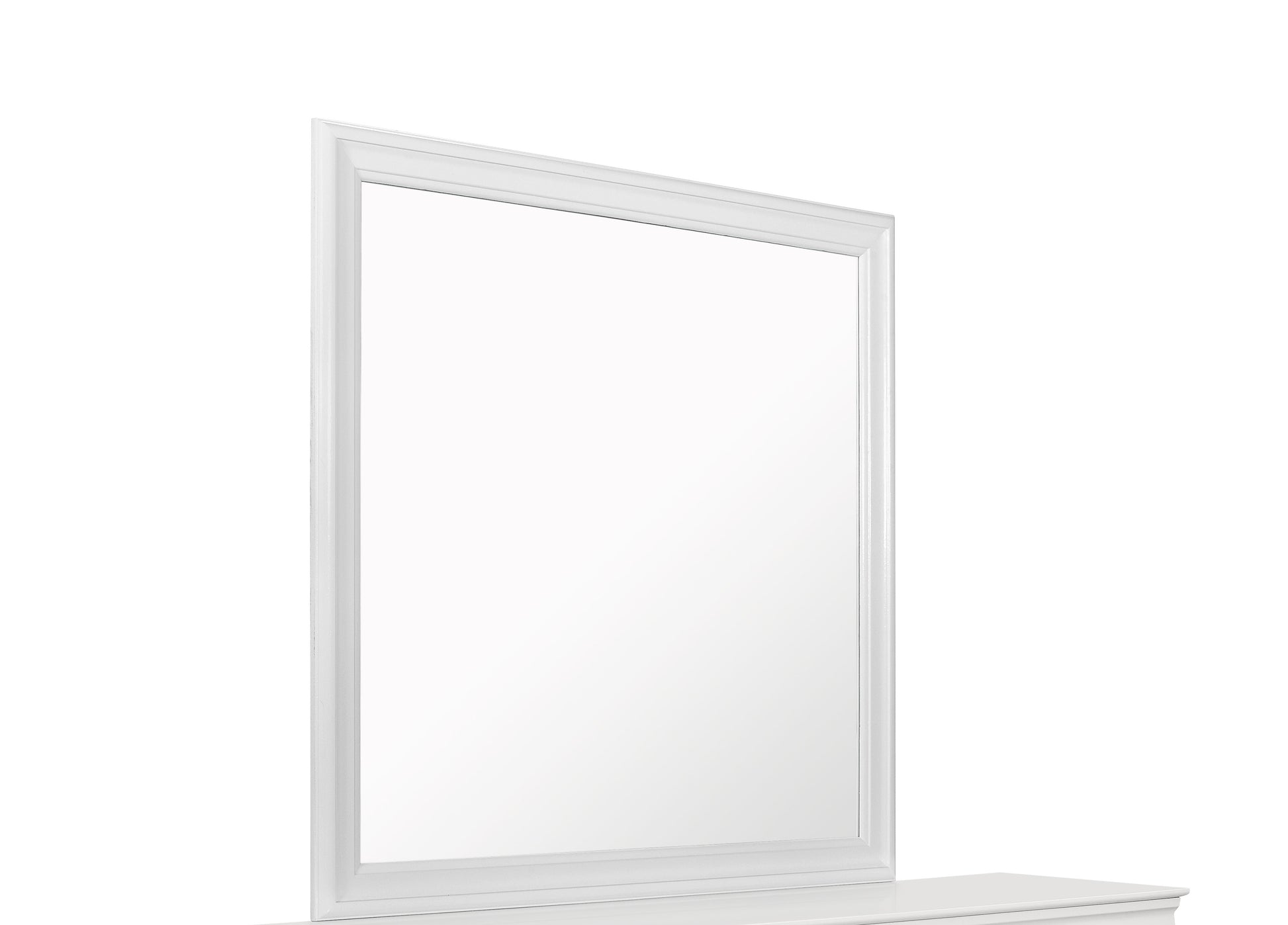 Elegant white wooden vanity mirror with beveled frame
