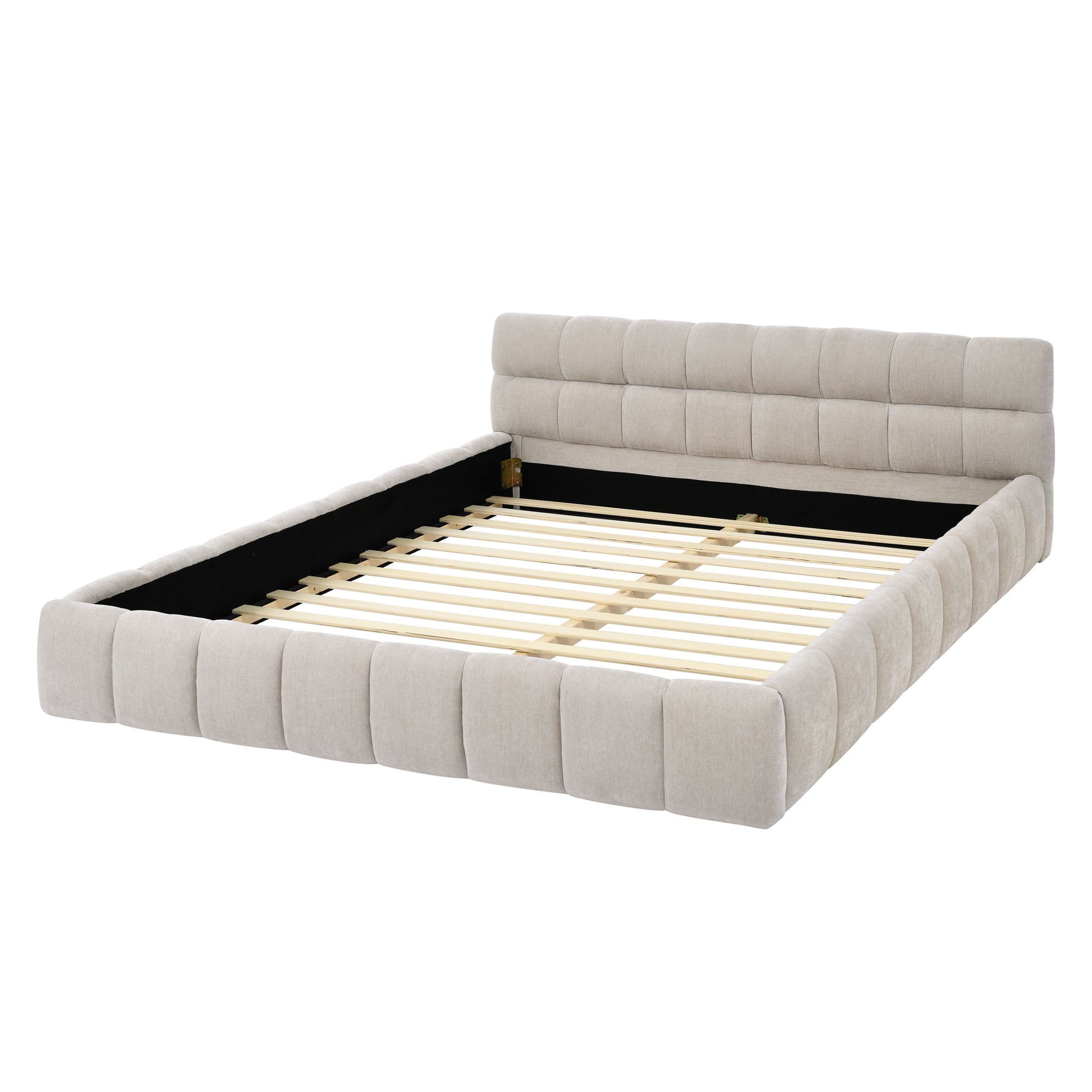 Upholstered beige platform bed frame with tufted headboard and wooden slats