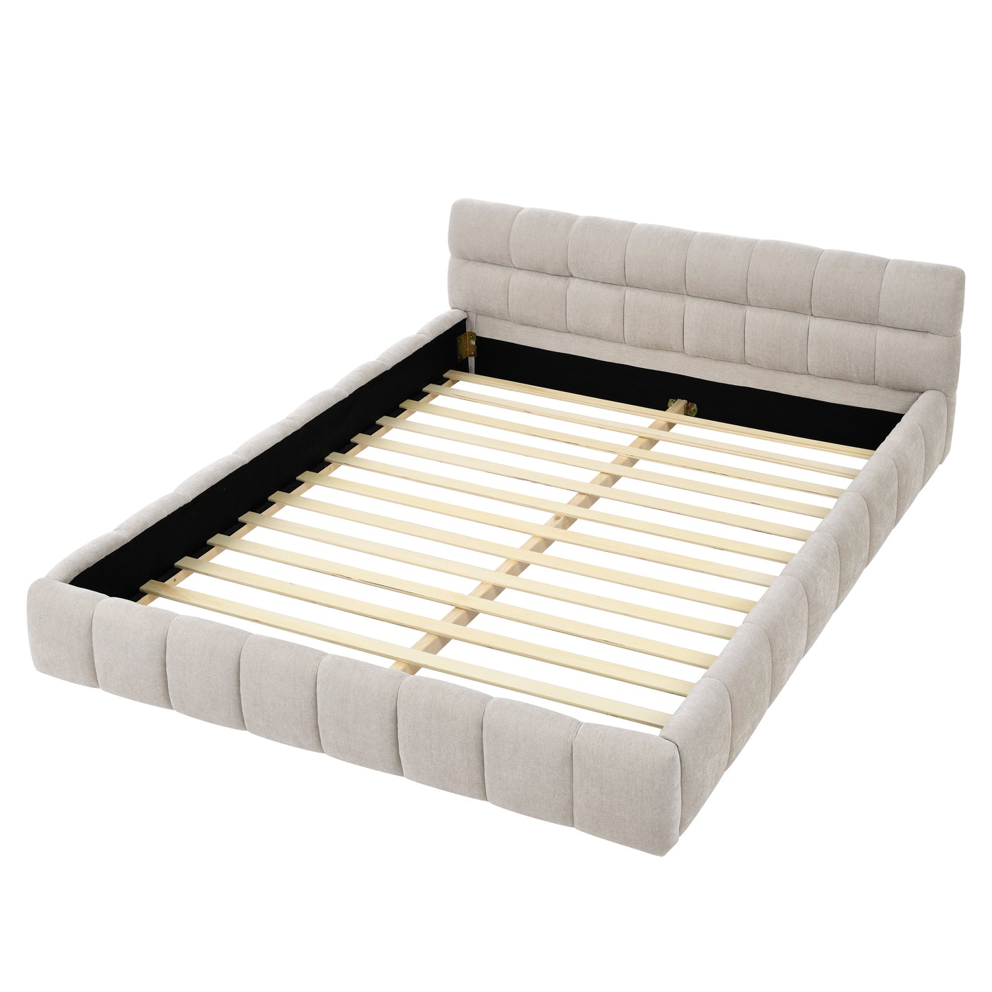 Upholstered beige bed frame with a tufted headboard and wooden slats queen size