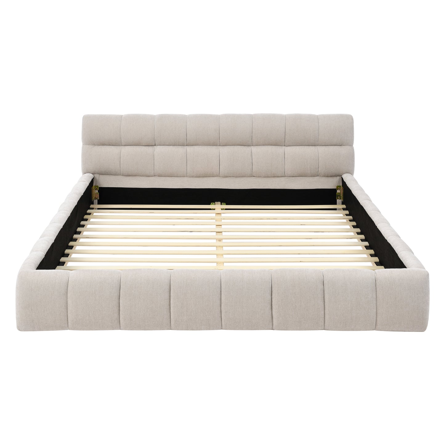 Upholstered beige platform bed frame with tufted headboard and wooden slats