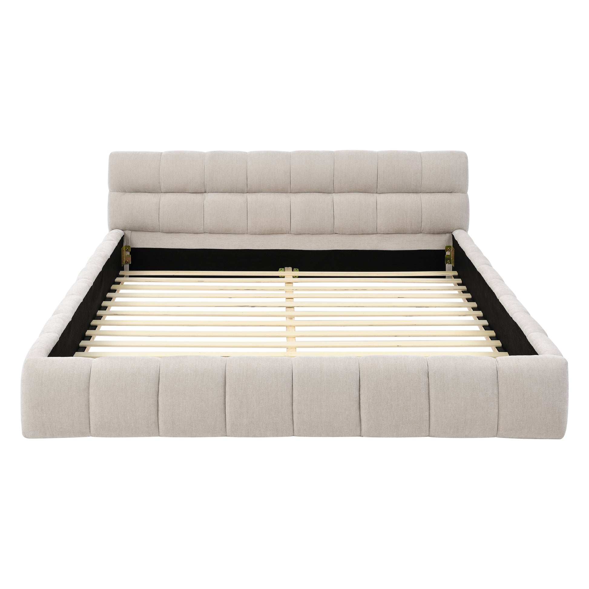 Upholstered beige platform bed frame with tufted headboard and wooden slats