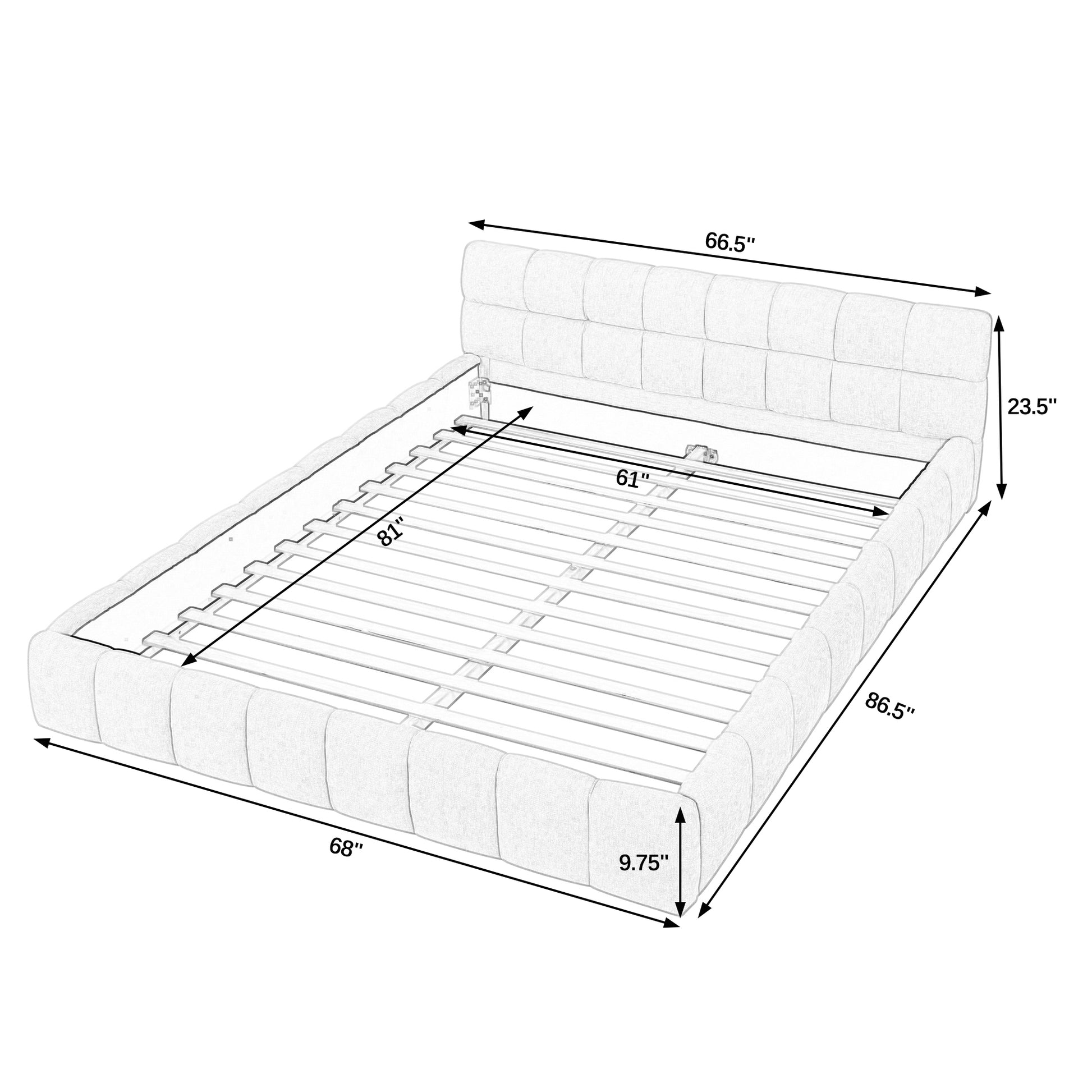 Queen size upholstered bed frame with tufted headboard