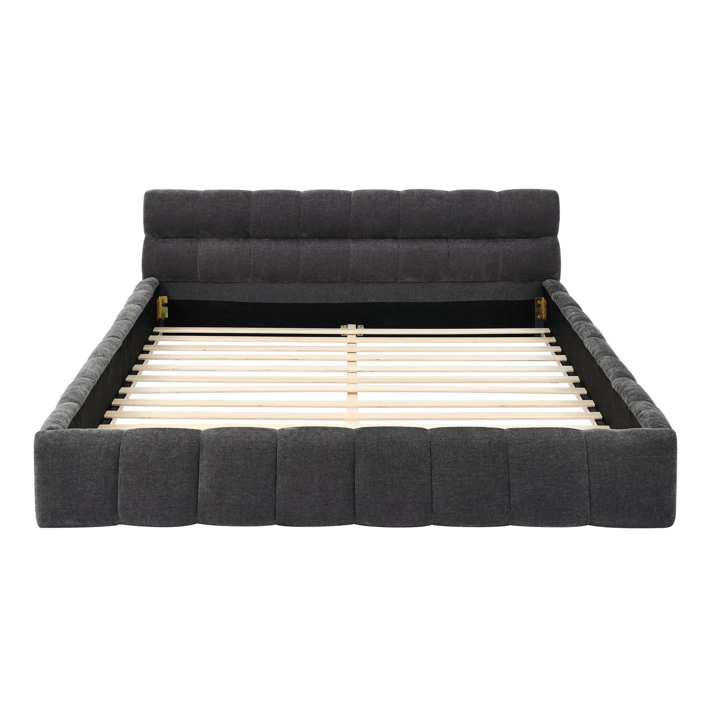 Dark grey upholstered platform bed frame with button tufted headboard and wood slat support