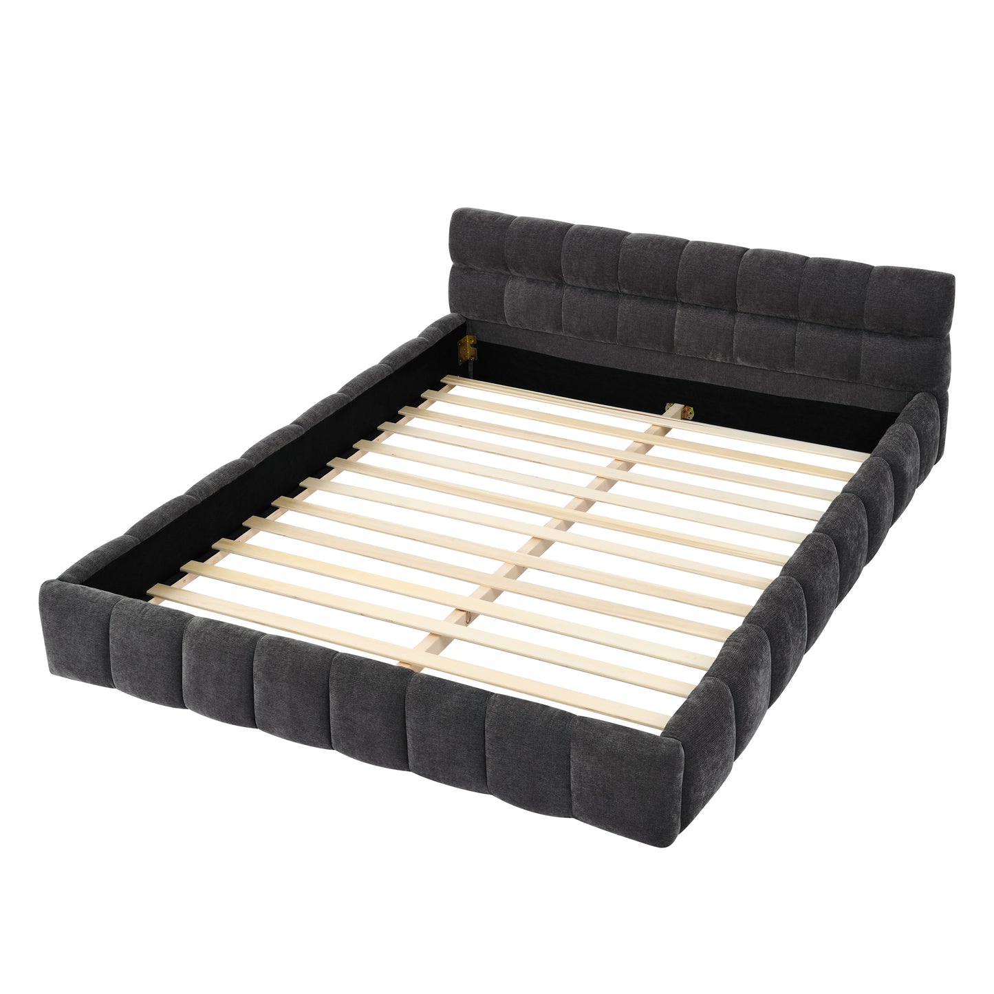 Dark grey upholstered king size bed frame with tufted headboard and wooden slats