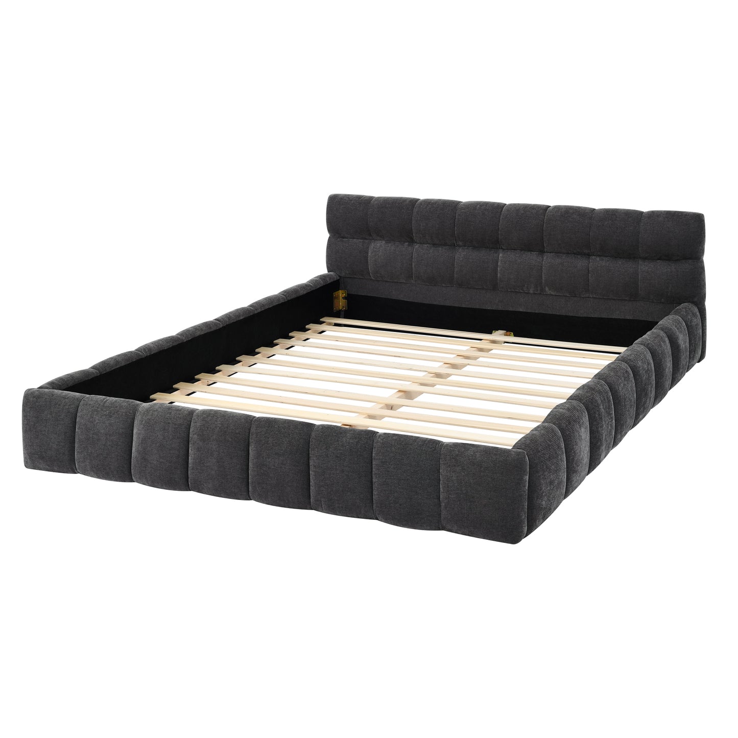 Dark gray upholstered modern bed frame with tufted headboard and wooden slats