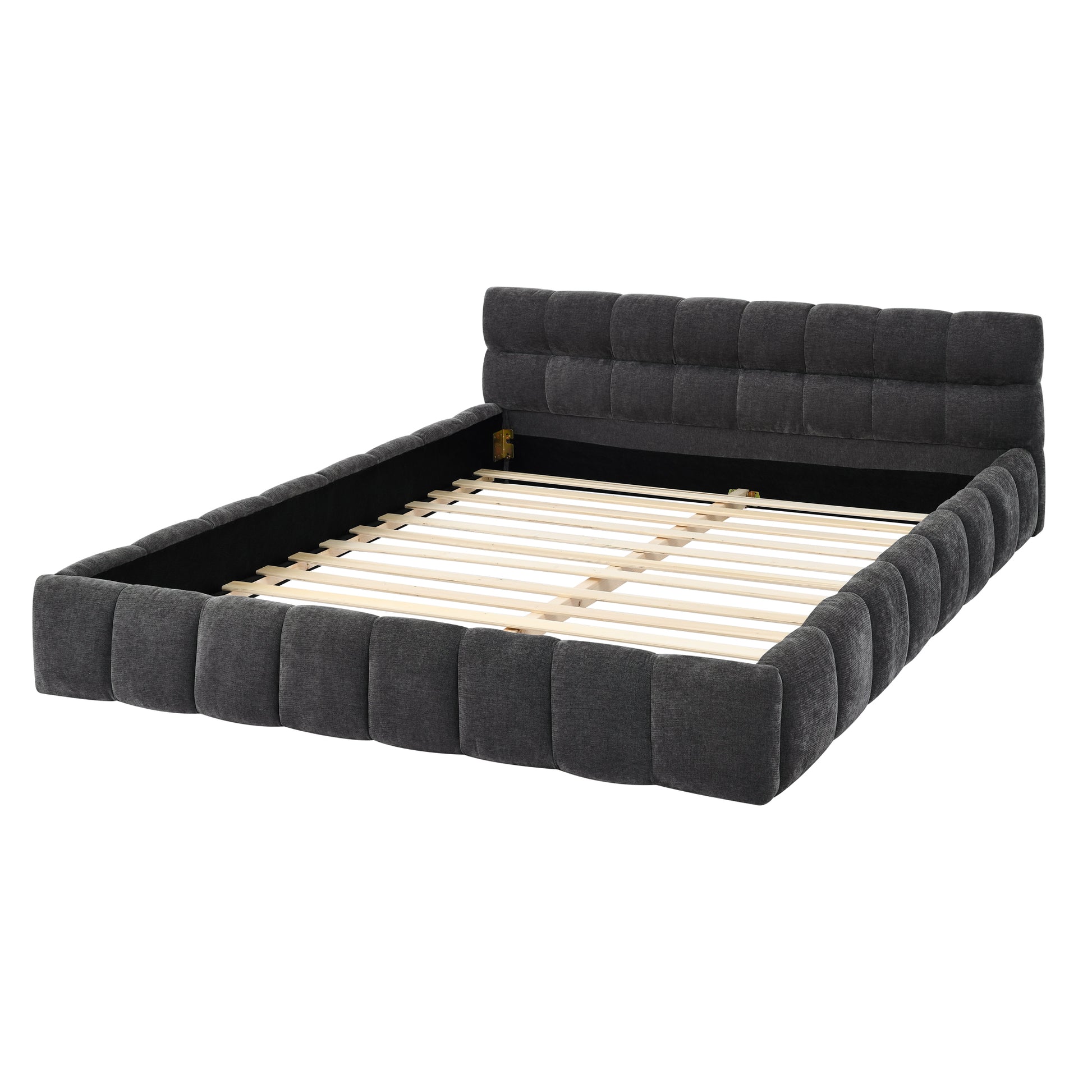 Dark gray upholstered modern bed frame with tufted headboard and wooden slats