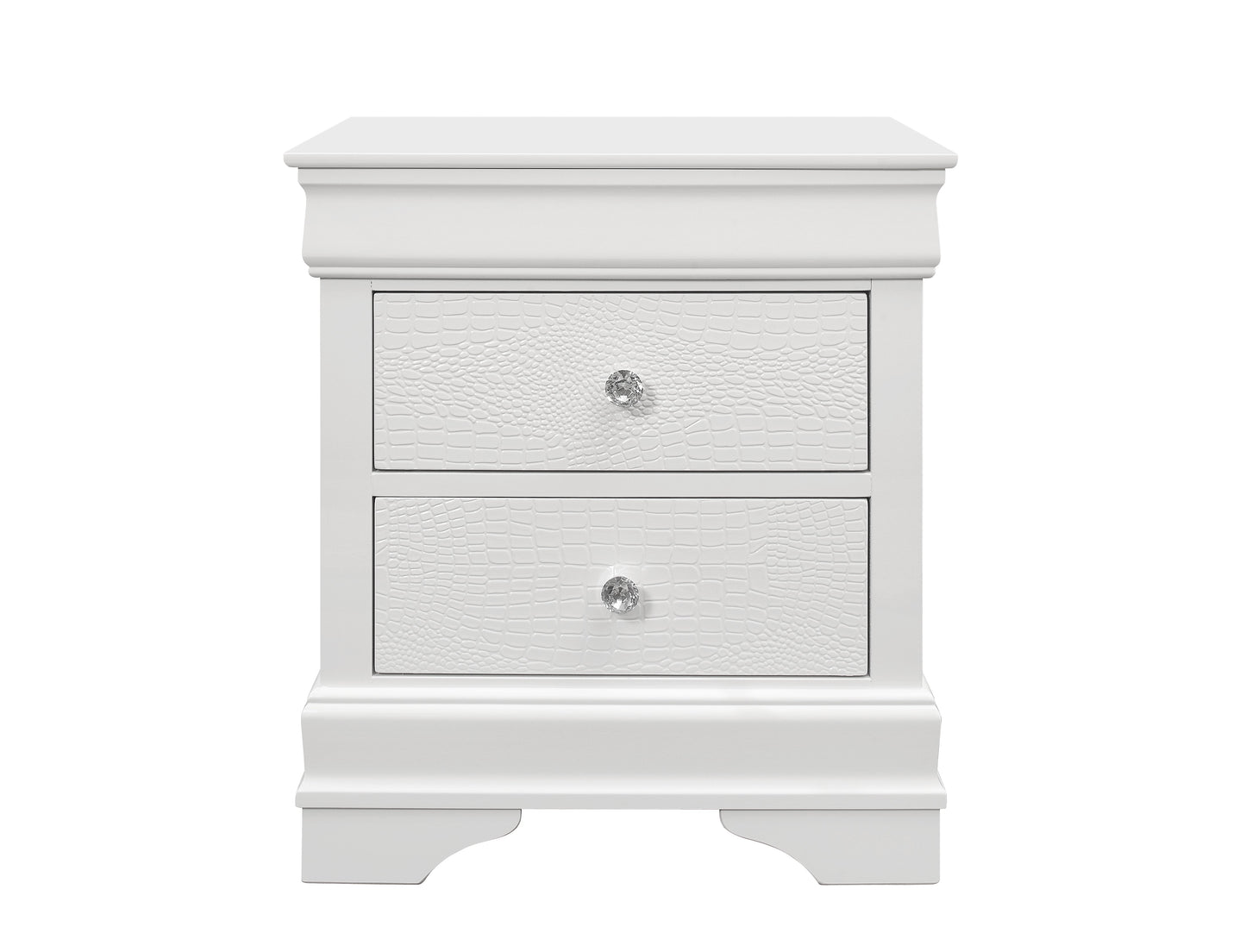 White crocodiletextured drawer nightstand with crystal knobs