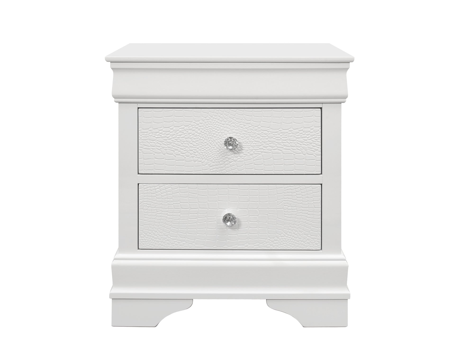 White crocodiletextured drawer nightstand with crystal knobs
