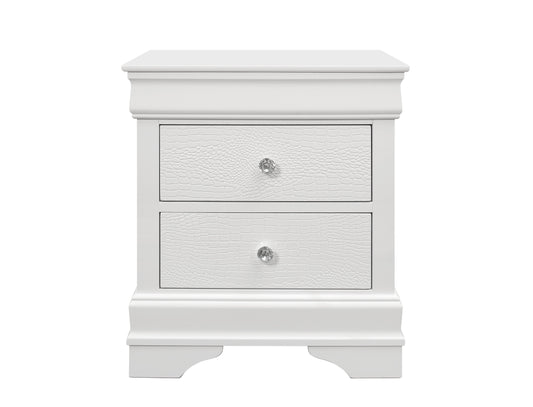 White crocodiletextured drawer nightstand with crystal knobs
