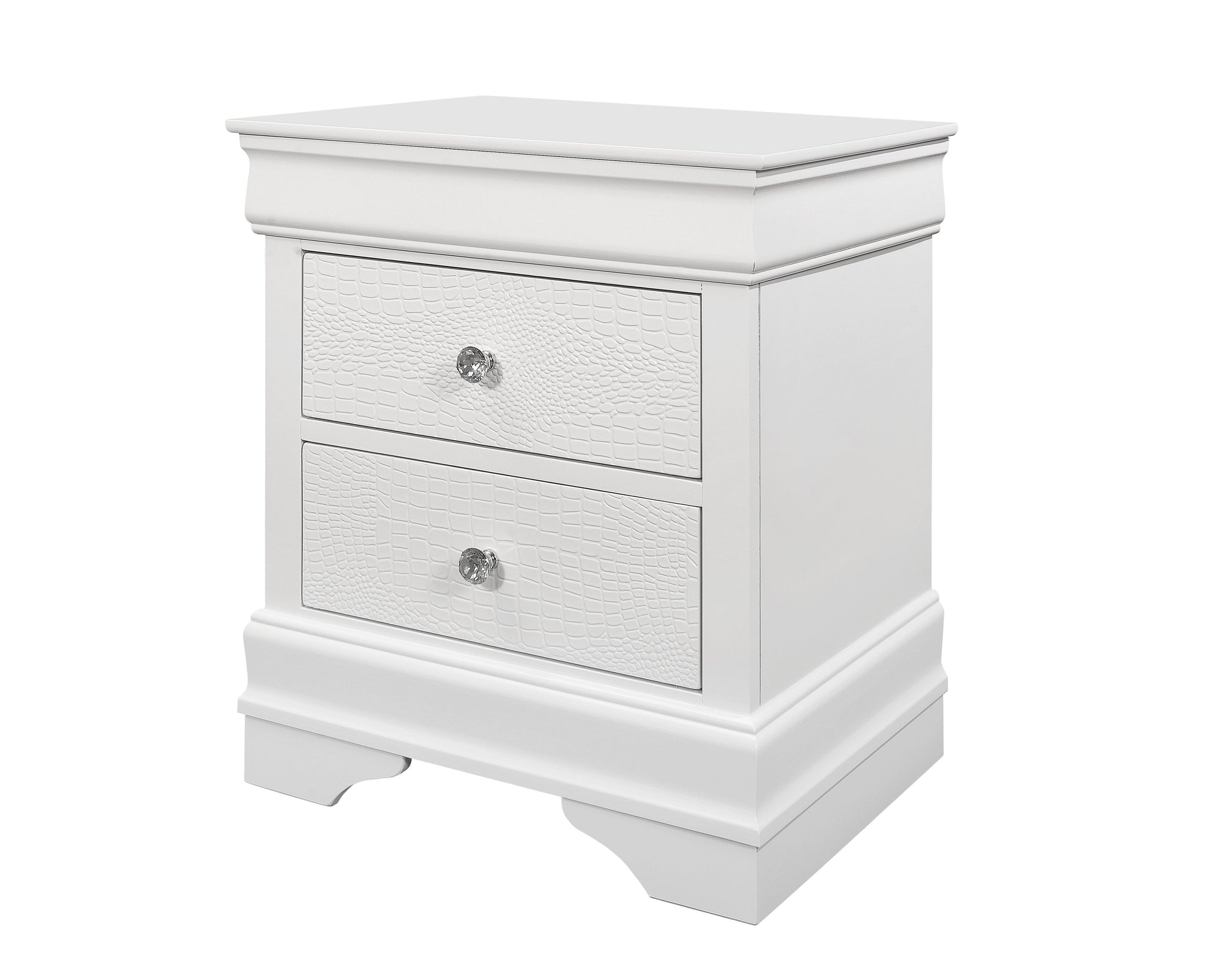 White crocodile textured nightstand with two crystal knob drawers