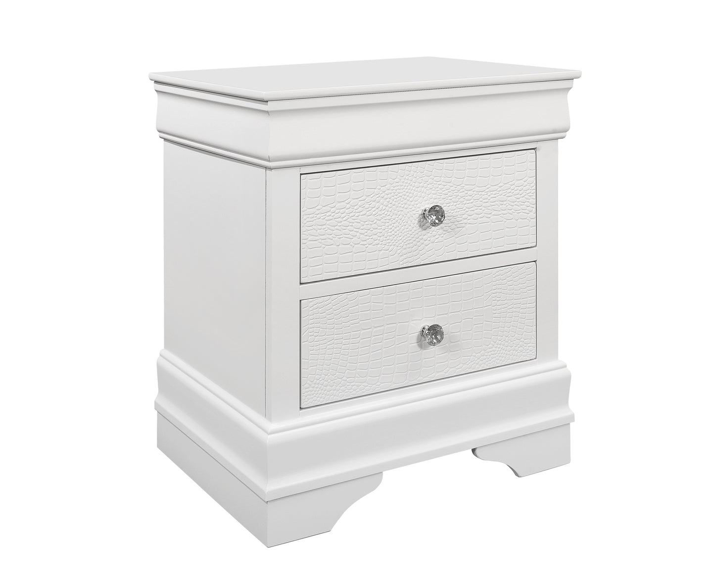 White twodrawer nightstand with embossed crocodile texture drawer fronts and crystal knobs
