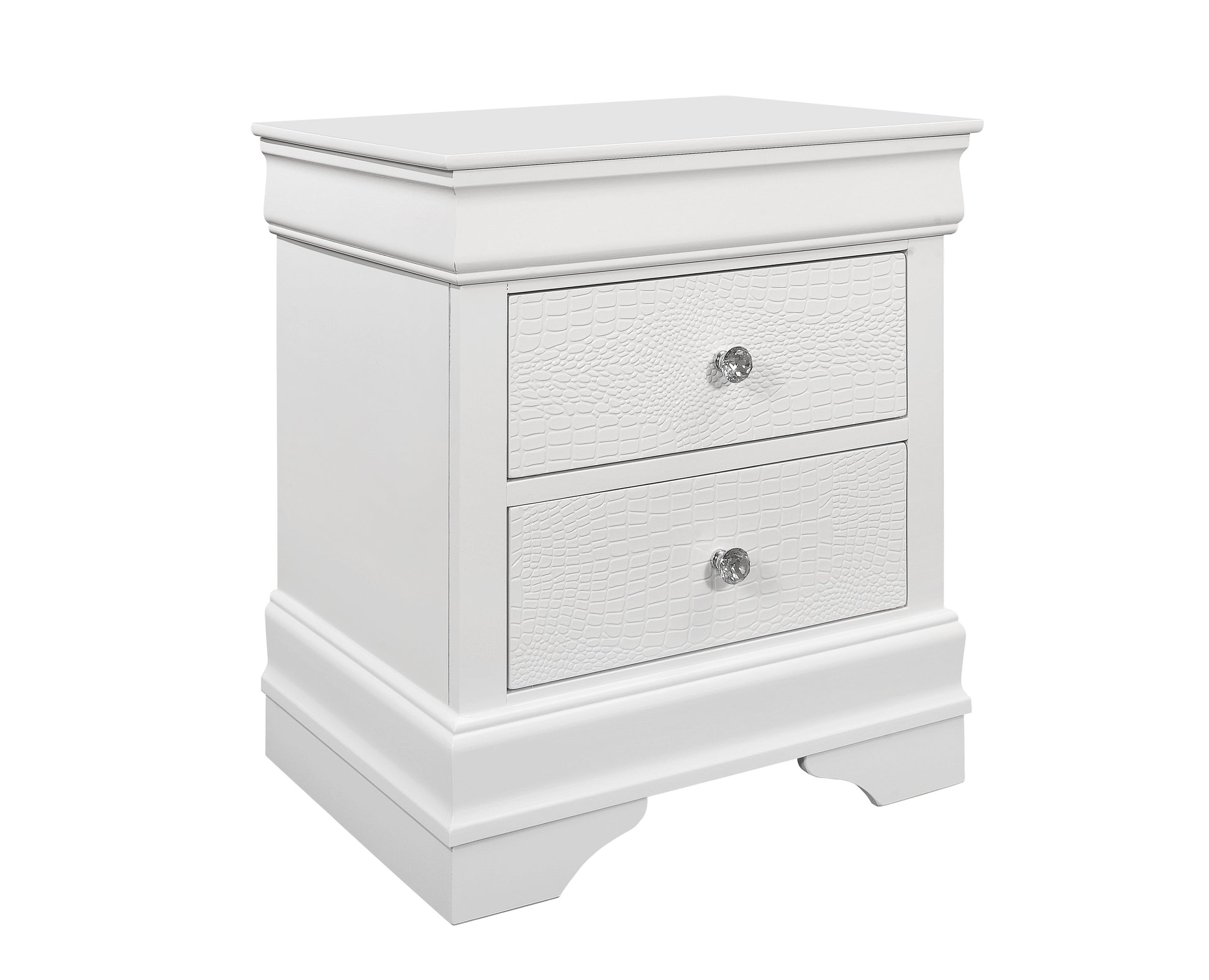 White twodrawer nightstand with embossed crocodile texture drawer fronts and crystal knobs