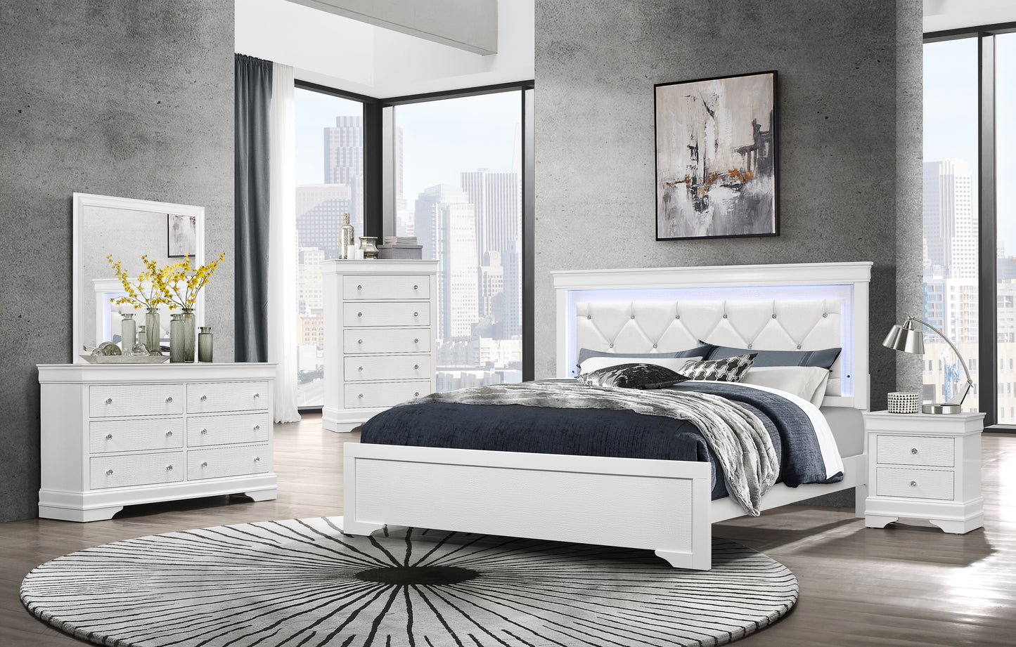 White upholstered king bed with LED headboard and diamond tufting