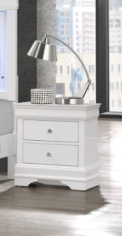 White twodrawer nightstand with textured drawer fronts and brushed nickel hardware