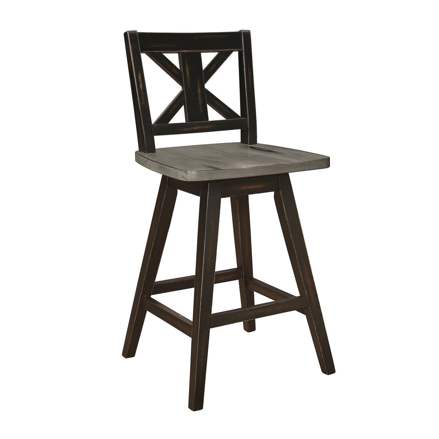 Dark wood bar stool with distressed grey wood seat and Xback design
