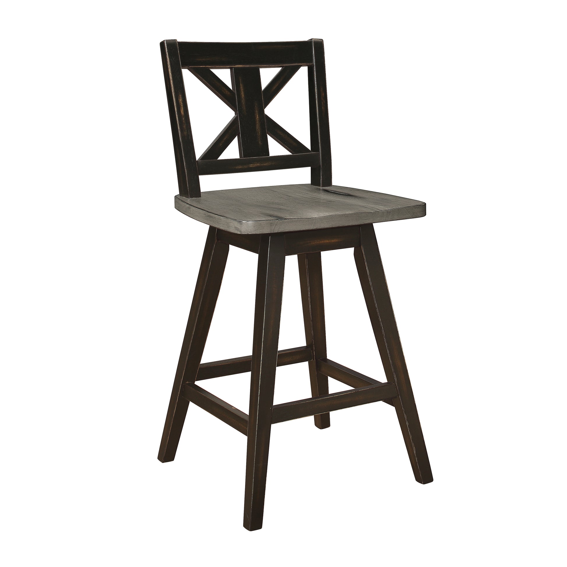 Dark wood bar stool with distressed grey wood seat and Xback design