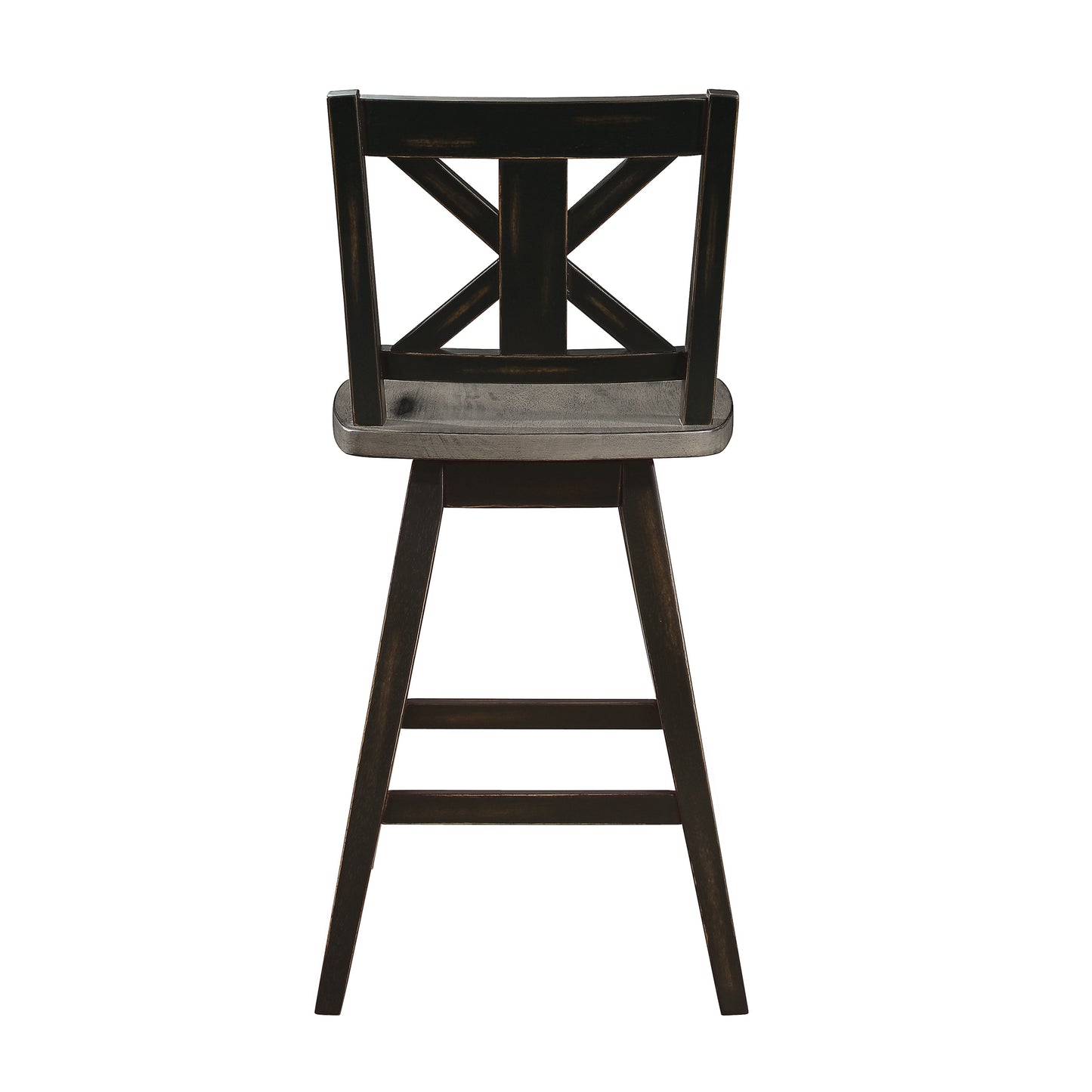 Dark brown distressed wood bar stool with Xback and grey weathered seat