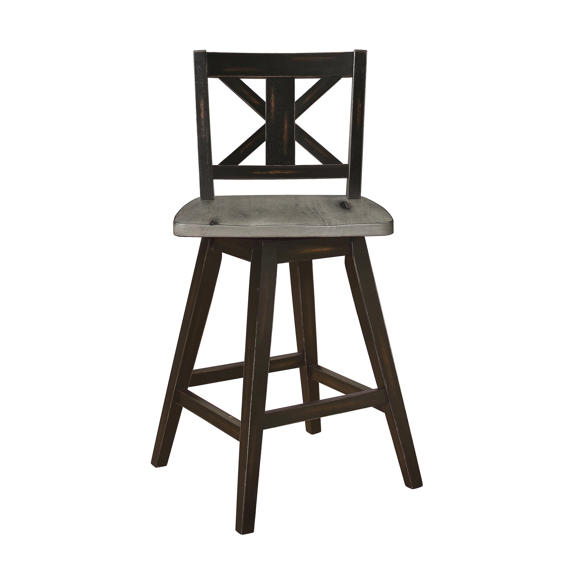 Dark wood bar stool with grey upholstered seat and Xback design