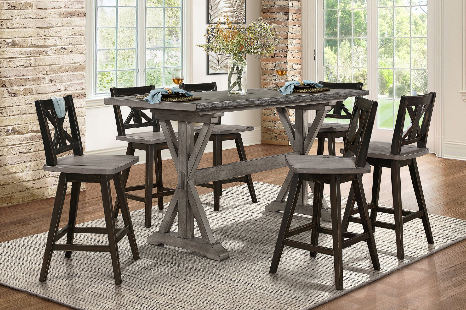 Rustic gray and dark wood counter height dining set with six stools