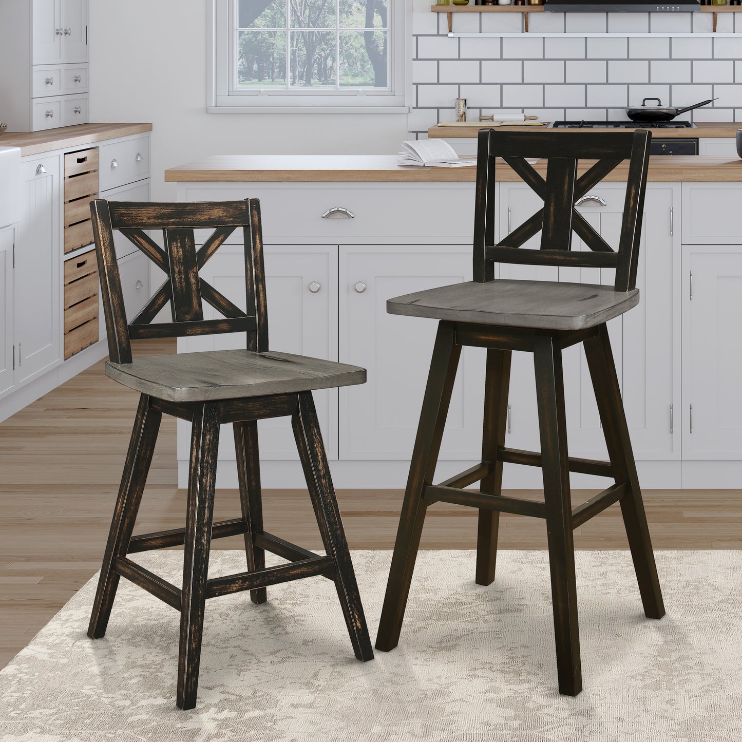 Rustic wooden bar stool with Xback design and distressed dark wood finish
