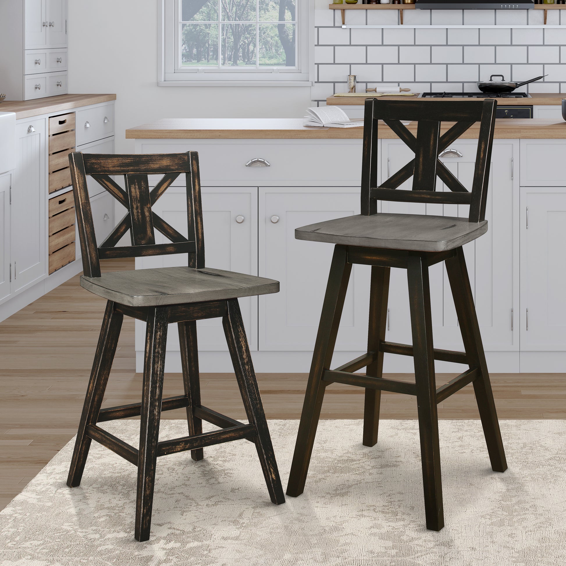 Rustic wooden bar stool with Xback design and distressed dark wood finish