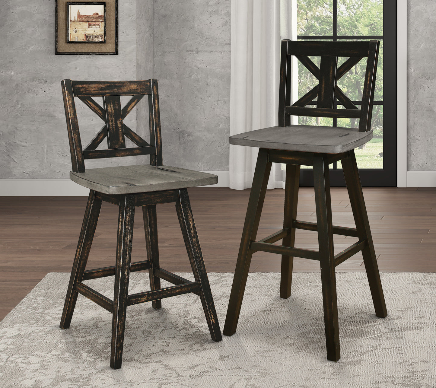 Dark wood swivel bar stool with grey distressed seat and Xback detail
