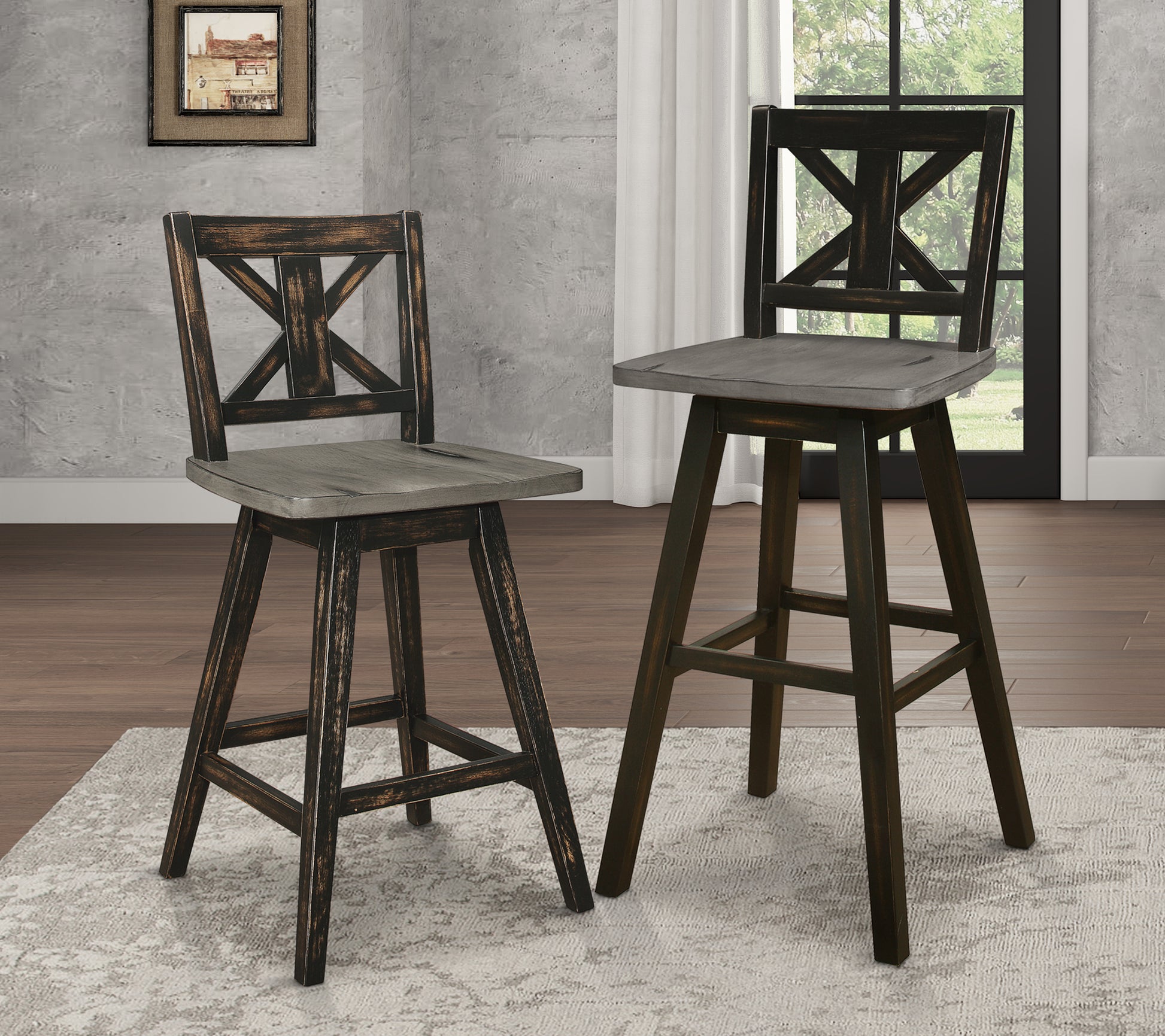 Dark wood swivel bar stool with grey distressed seat and Xback detail