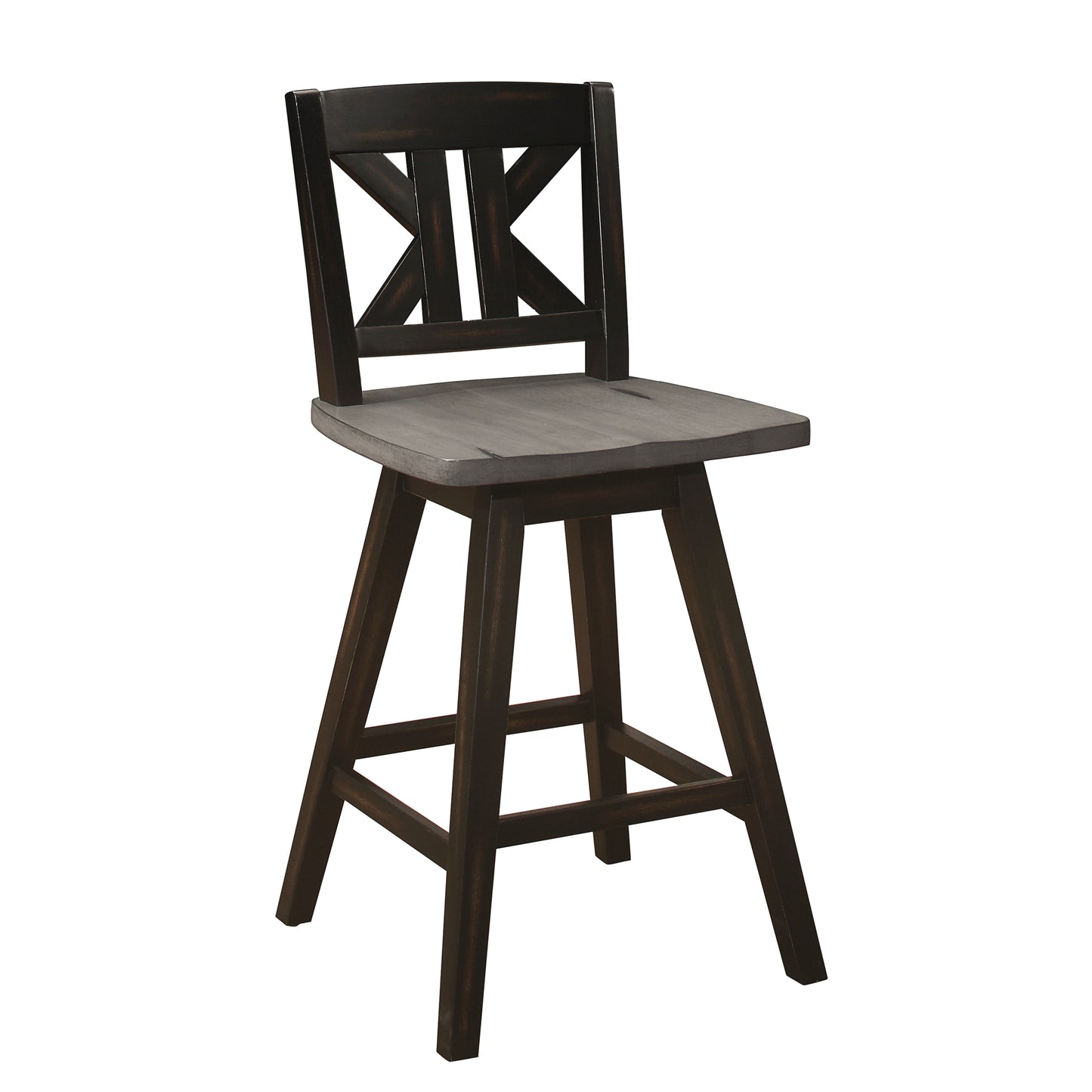 Dark brown wooden swivel bar stool with gray wood seat