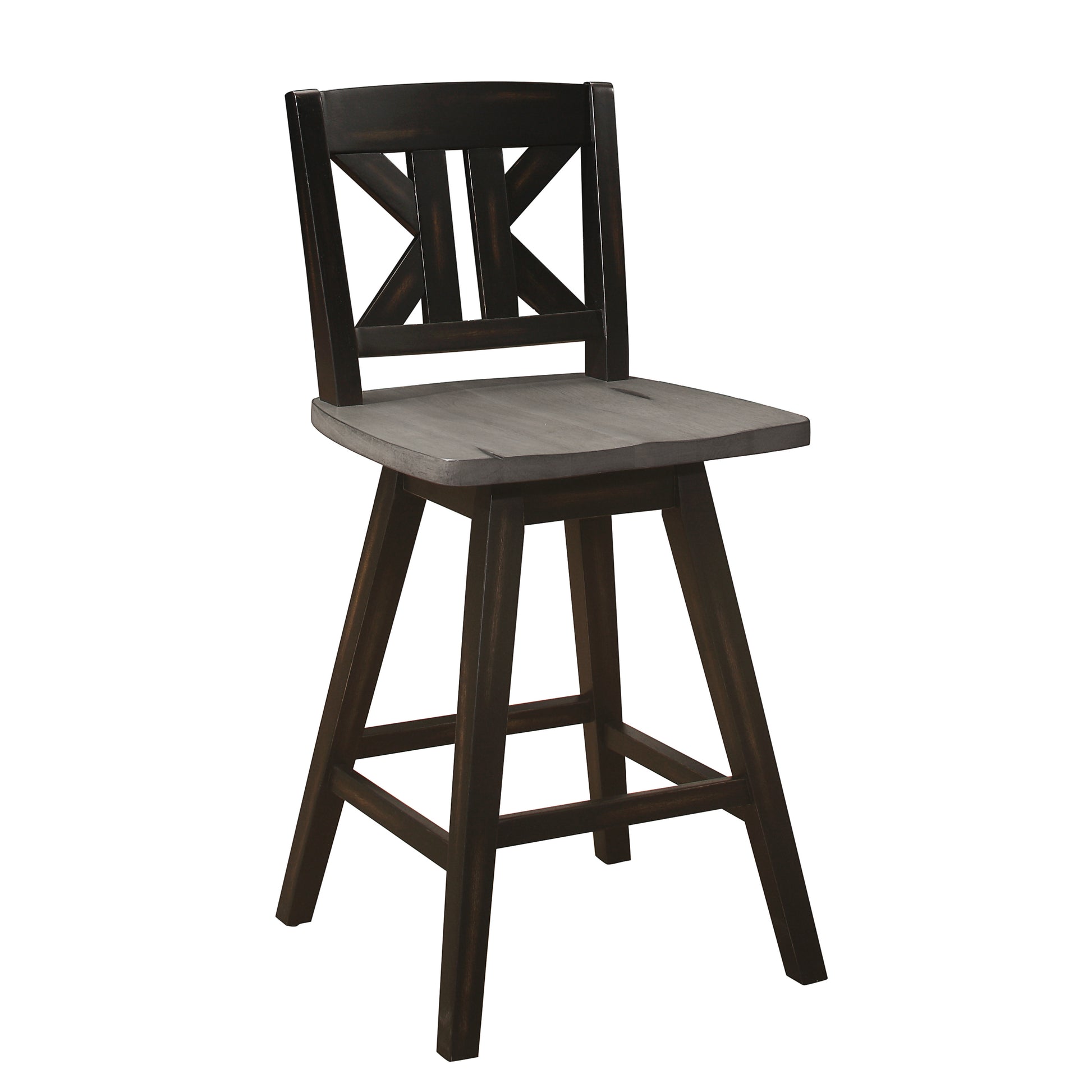 Dark brown wooden swivel bar stool with gray wood seat