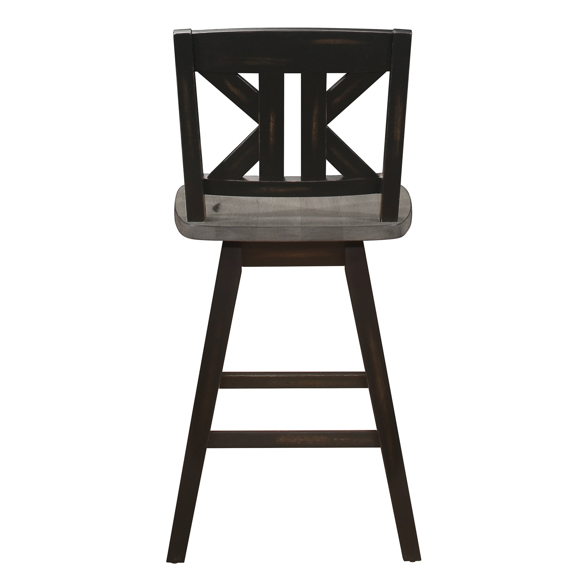 Dark wood bar stool with a distressed finish and Xback design
