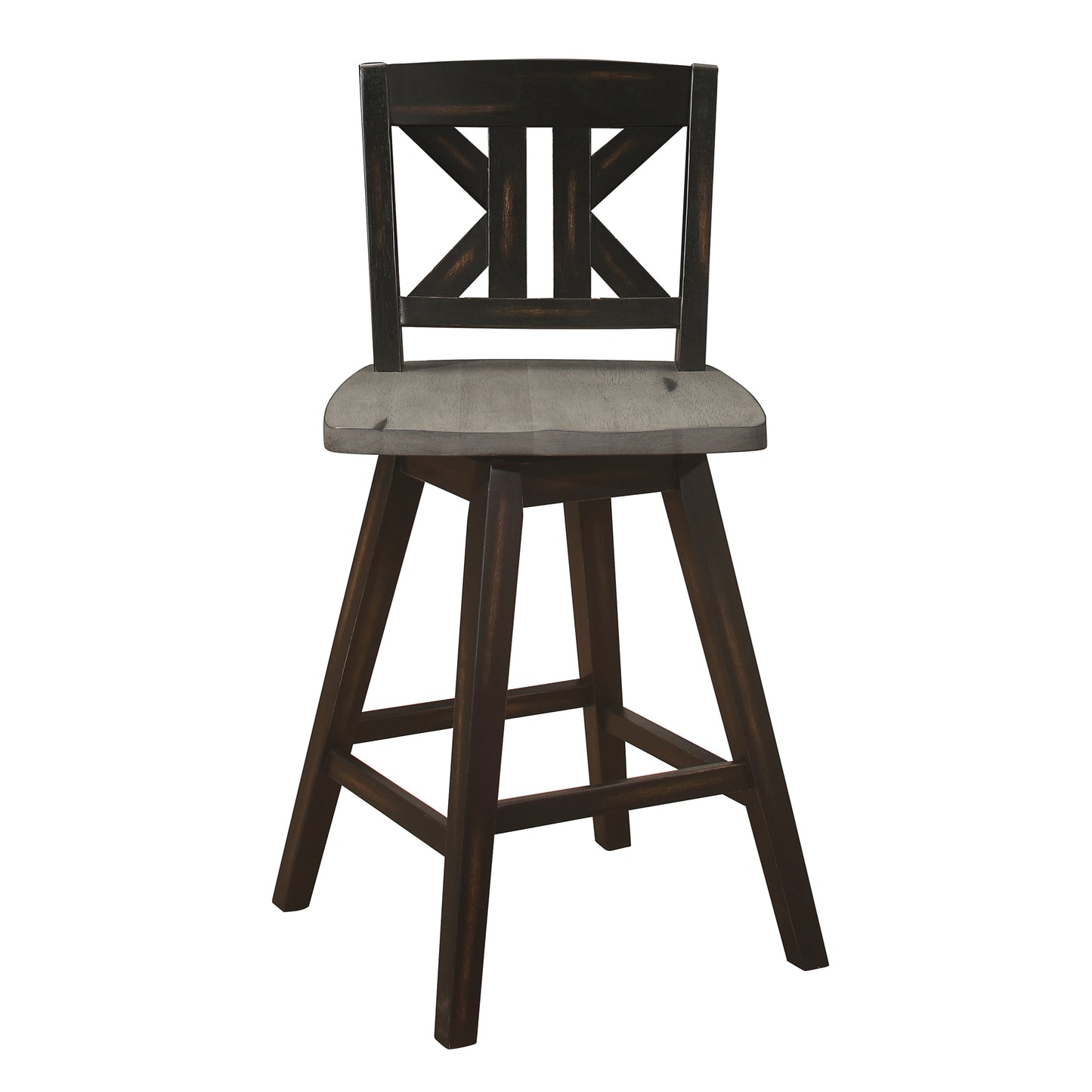 Dark wood and grey upholstered swivel bar stool with crisscross back detail