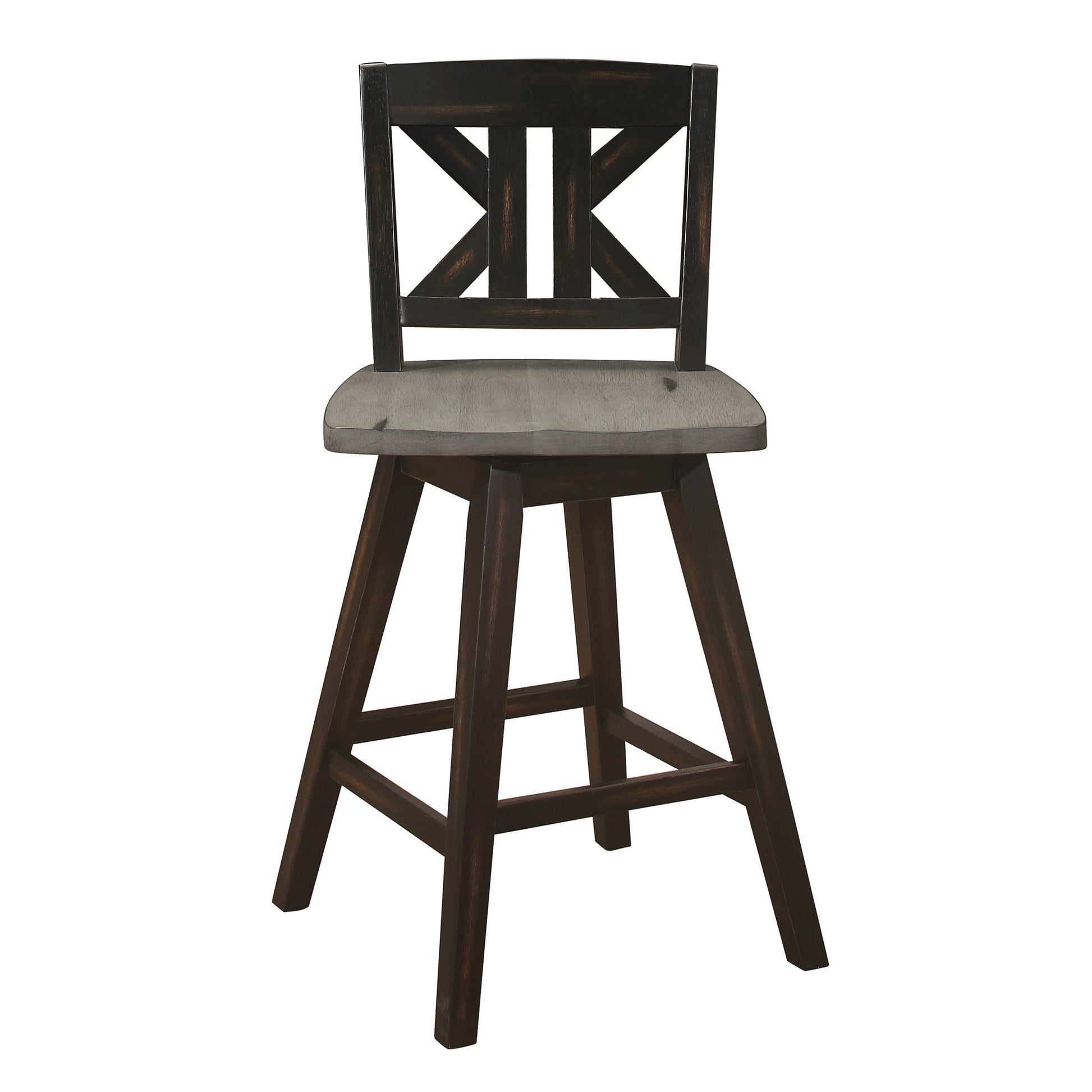 Dark wood and grey upholstered swivel bar stool with crisscross back detail
