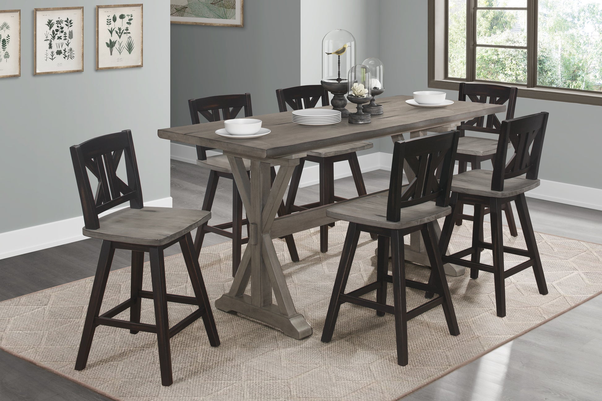 Rustic gray and dark wood bar stool with Xback detail and padded seat