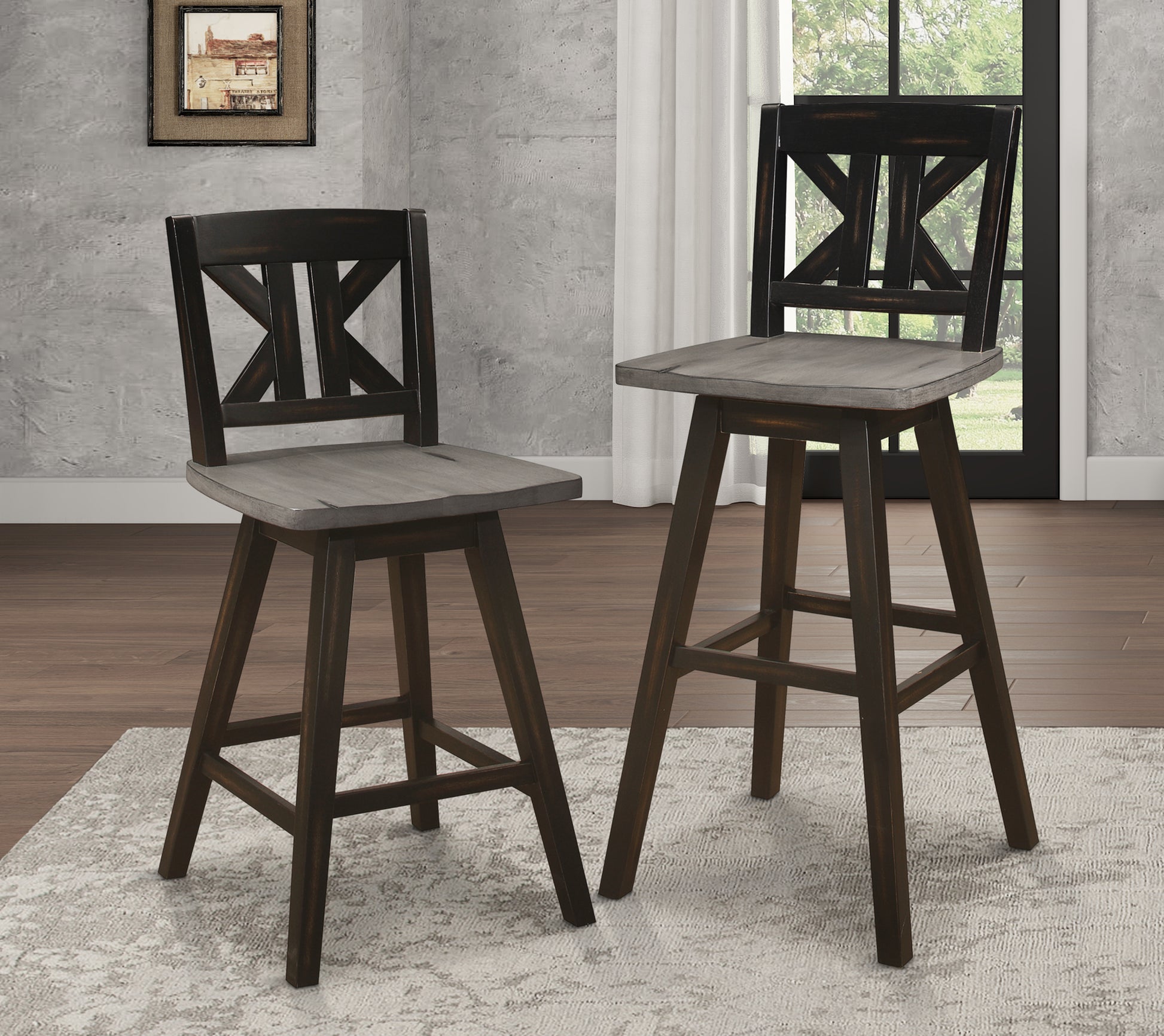 Rustic dark wood and grey swivel bar stool with xback